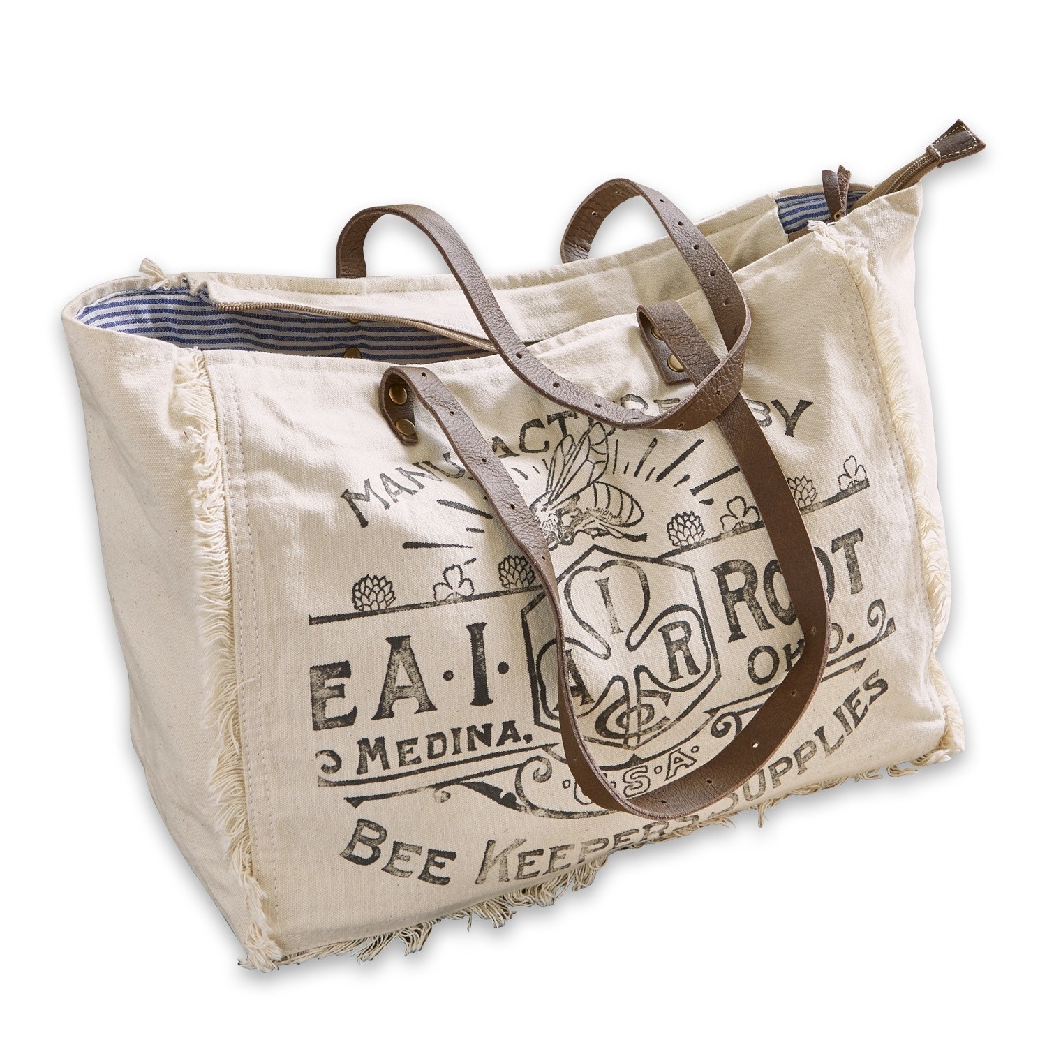 crème/bruin Crèmekleurige katoenen tas met bruine leren handvatten en bijenprint, boodschappentas