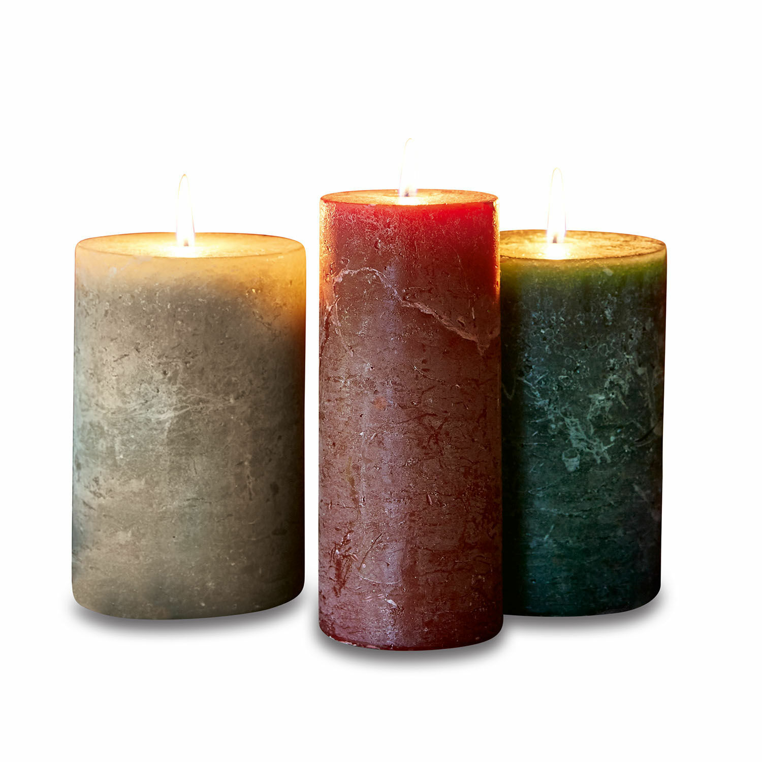 Lot de 3 bougies Salis Ensemble de trois bougies en cire gris, rouge et vert pour décoration intérieure chaleureuse