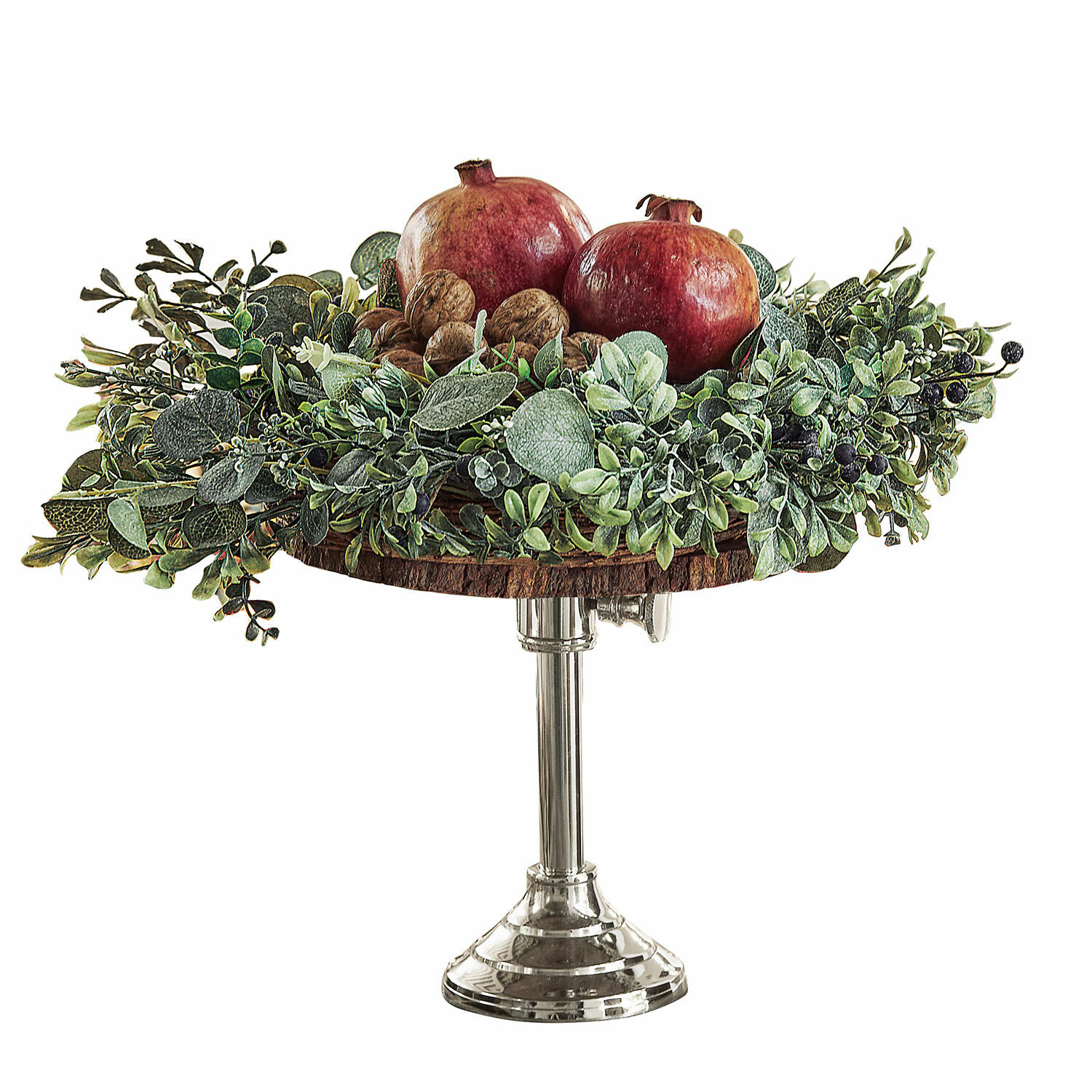 Etagère Danice II Decoratieve schaal met metalen voet en houten blad, versierd met granaatappels en groen blad