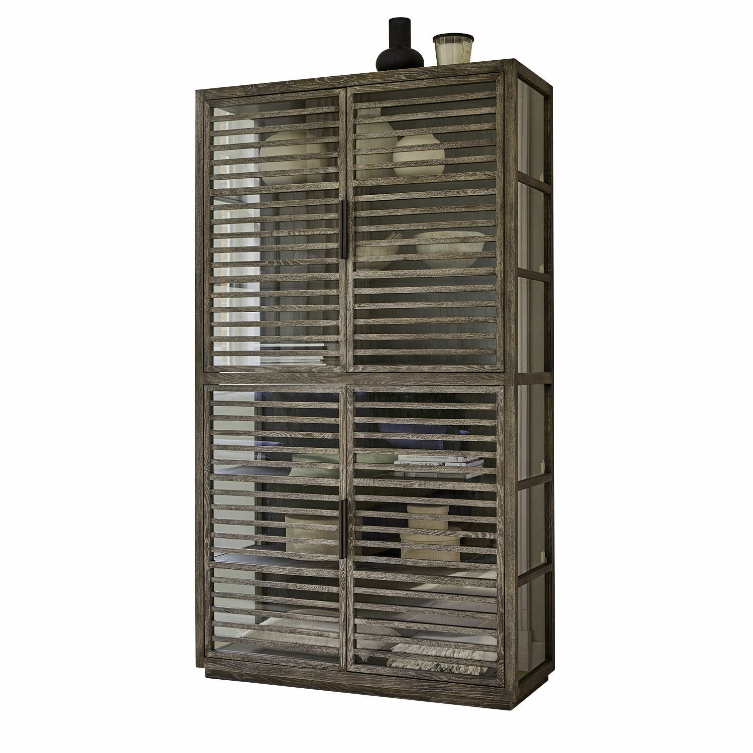 Armoire Trowbridge Vitrine en bois gris avec portes vitrées à lattes horizontales, meuble moderne pour salon