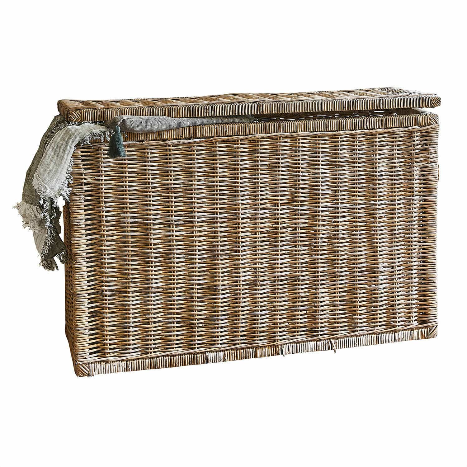 Malle East Ryde Grand panier de rangement en rotin naturel avec couvercle et tissu gris décoratif