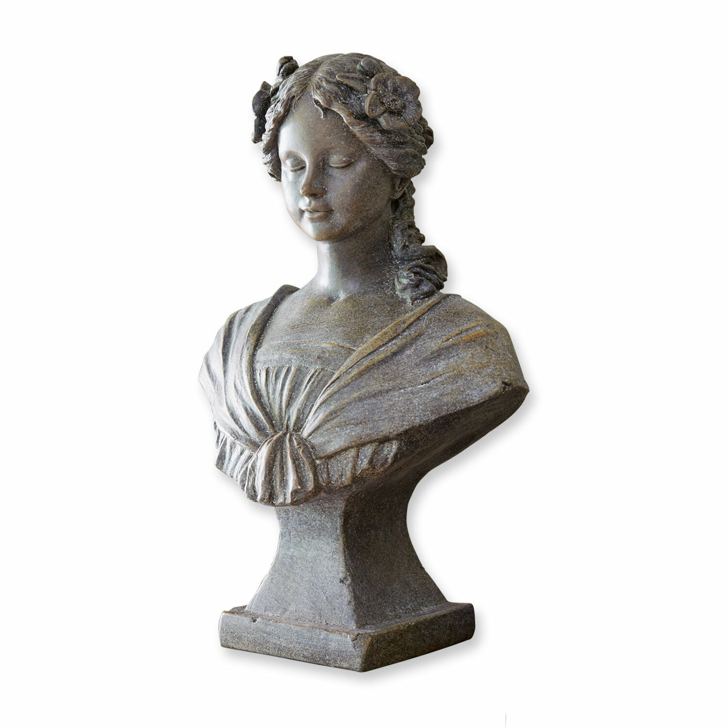 Buste Alexandra Klassiek vrouwenbuste van grijs steen met bloemen in het haar, tuinornament