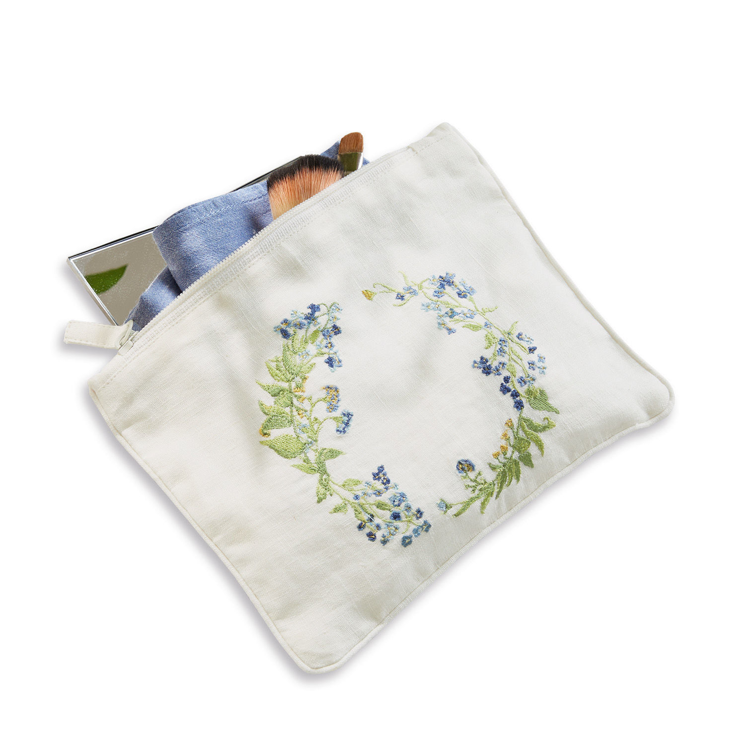 Trousse de maquillage blanche en lin avec broderie florale, pinceaux et miroir à l'intérieur