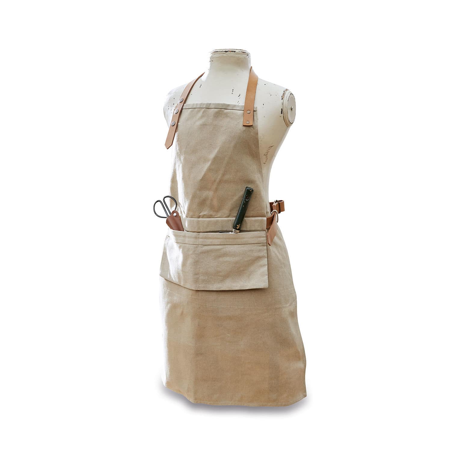 Beige katoenen schort met zak en leren banden, praktische keukenschort