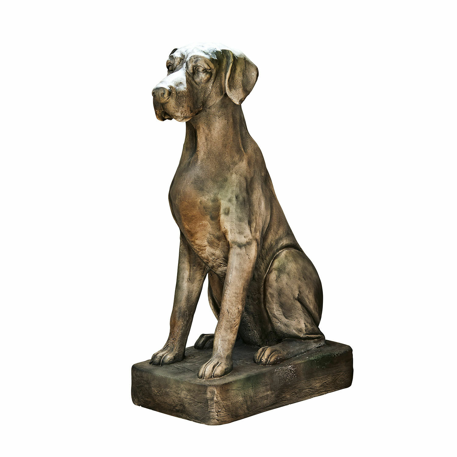 Chien décoratif Jules Statue de chien en pierre brune sur socle rectangulaire, décoration extérieure