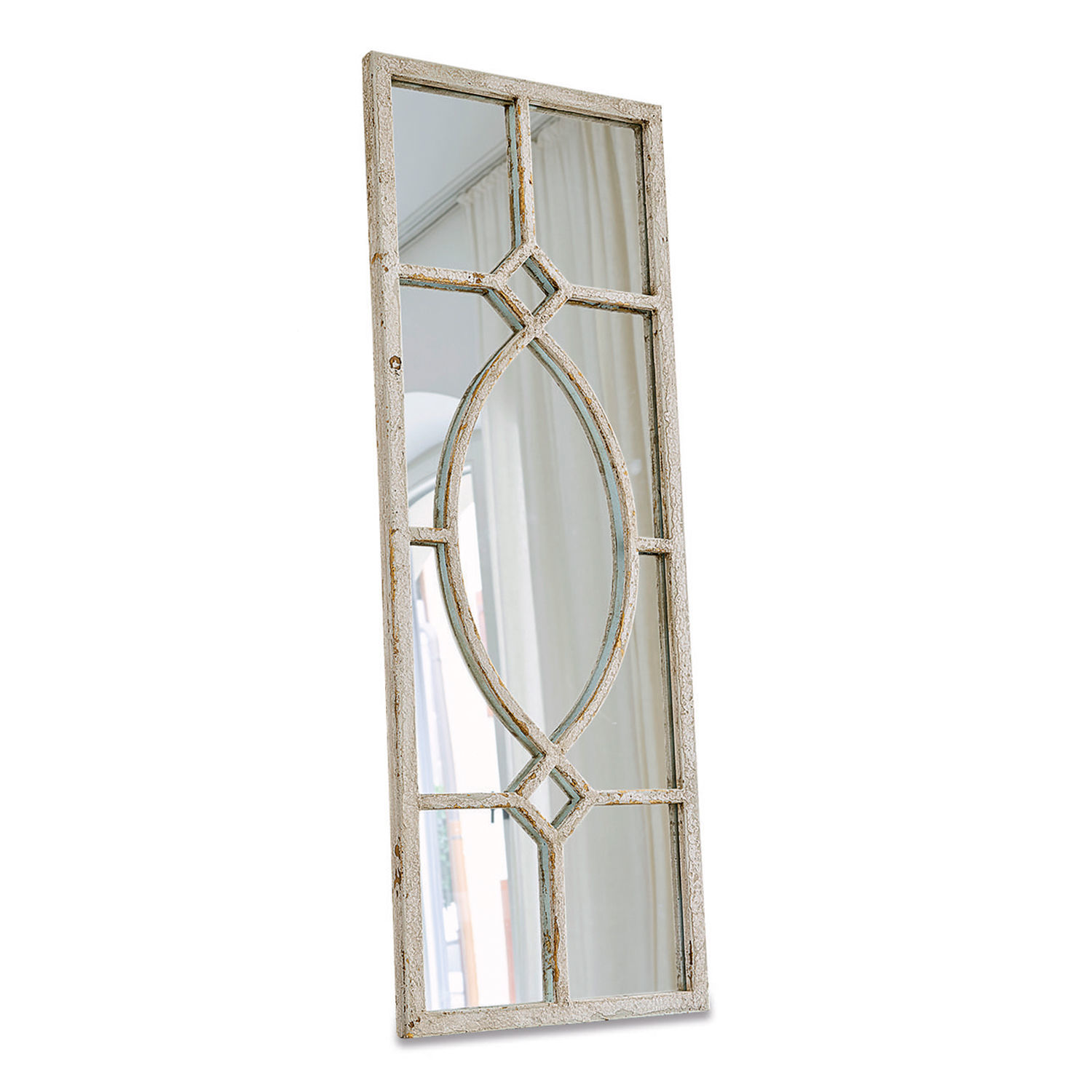 Spiegel Millery Wandspiegel met witte verweerde houten lijst en decoratief patroon in vintage stijl