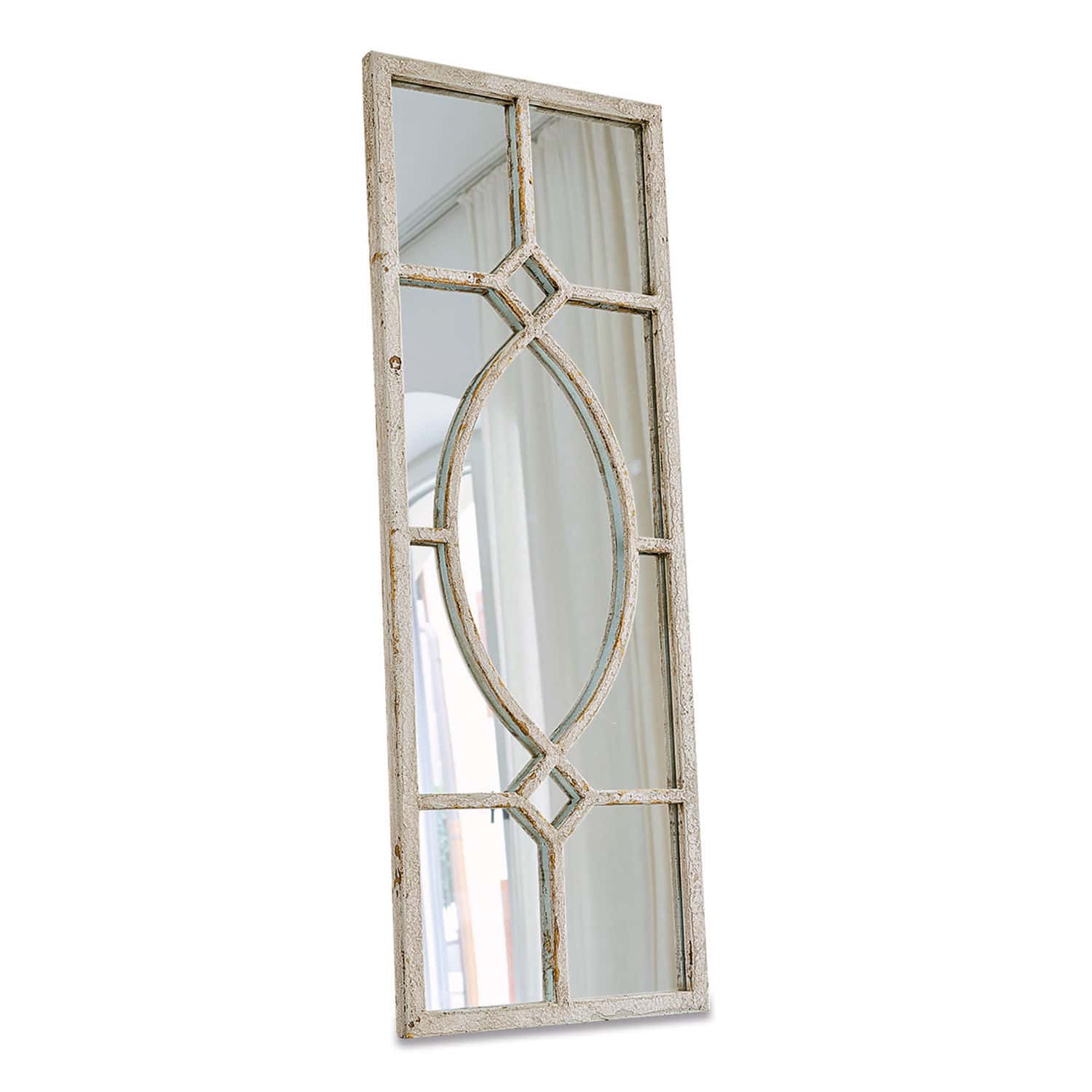 Miroir Millery Miroir mural en bois blanc vieilli avec motif décoratif, style vintage pour décoration intérieure