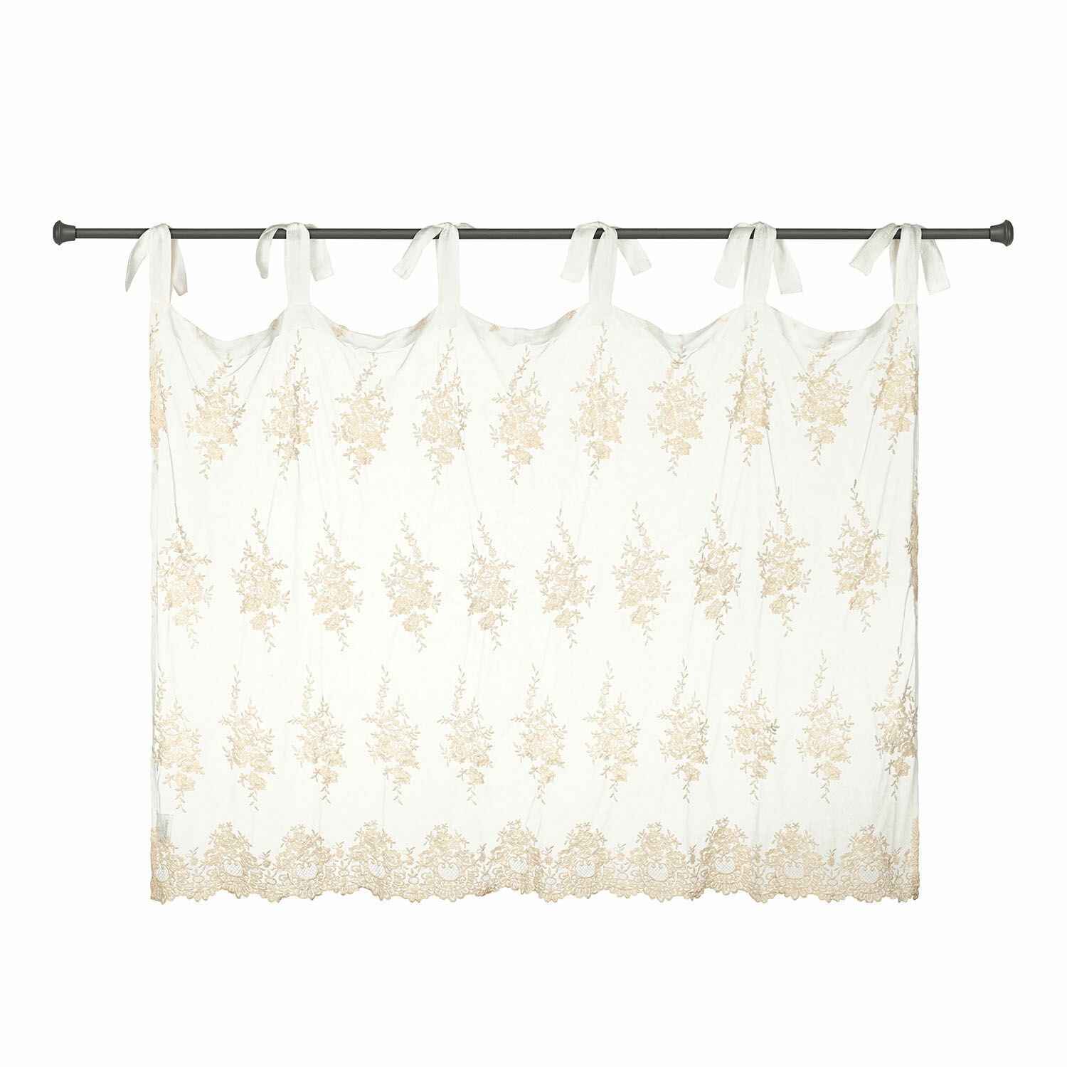 Voilage Velarion Rideau blanc en coton avec broderie beige et nœuds, décoration de fenêtre élégante pour salon