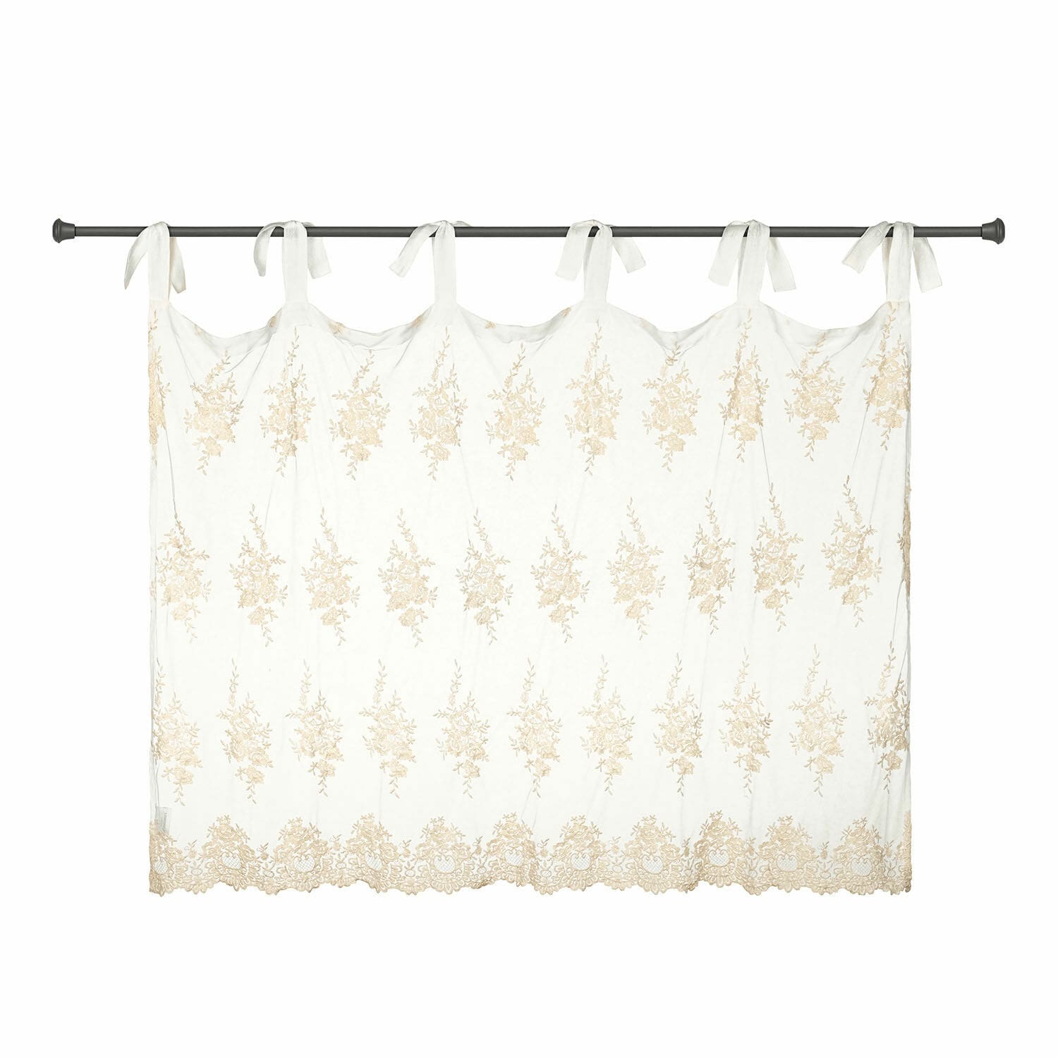 Voilage Velarion Rideau blanc en coton avec broderie beige et nœuds, décoration de fenêtre élégante pour salon