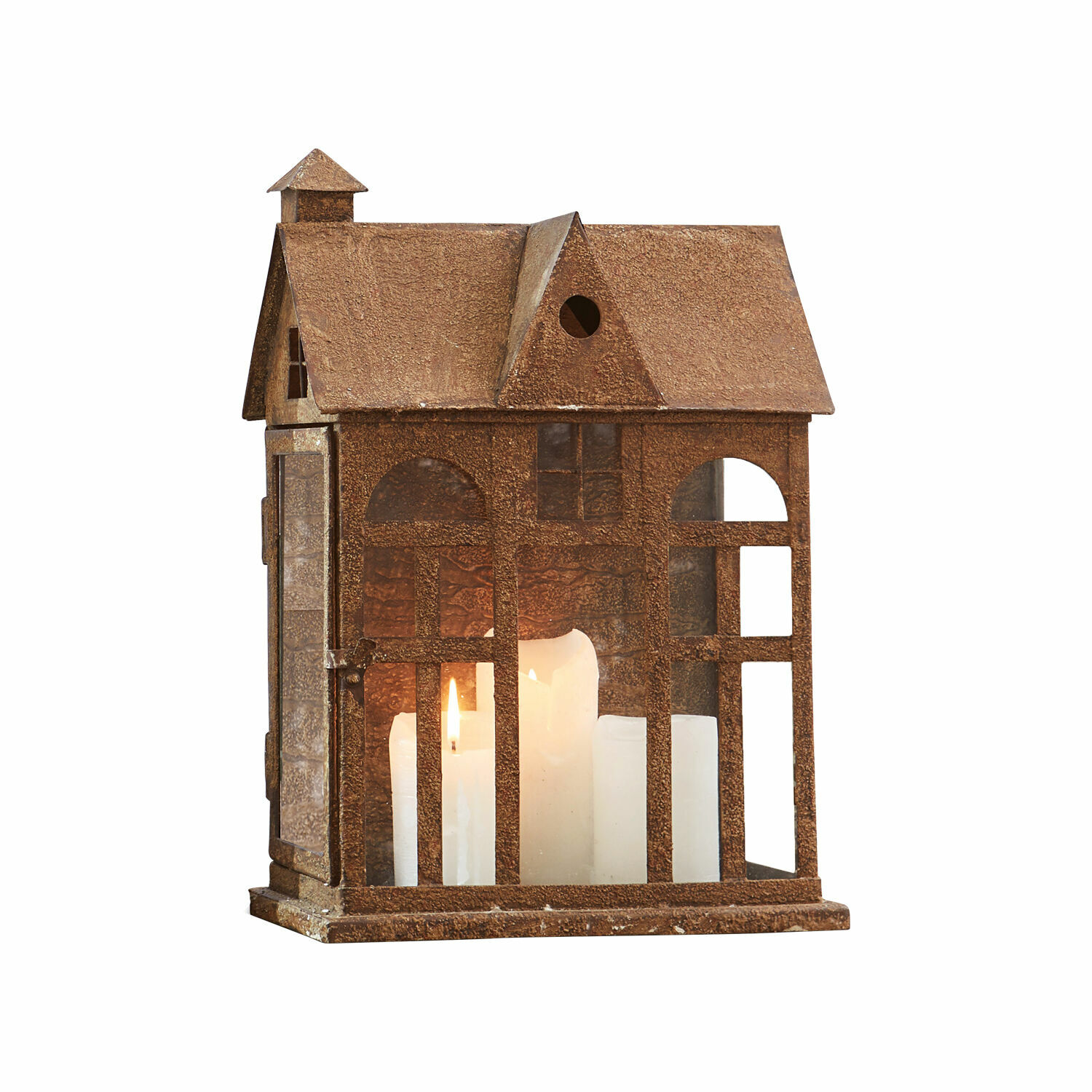 Lanterne en forme de maison en métal rouillé avec bougies blanches, décoration intérieure et extérieure