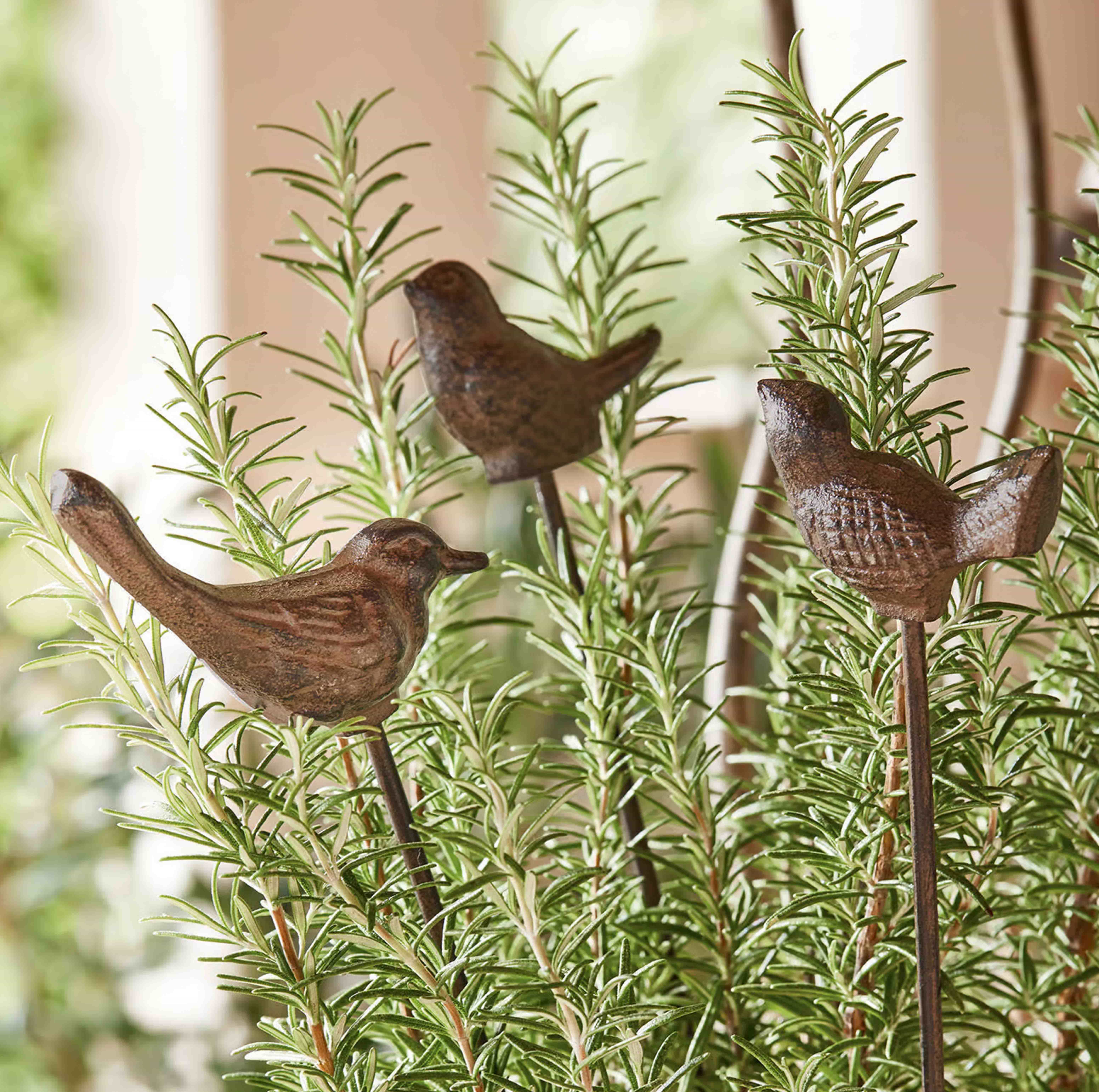 Decoratieve metalen vogels op stokken tussen groene rozemarijn takken voor tuin en interieur