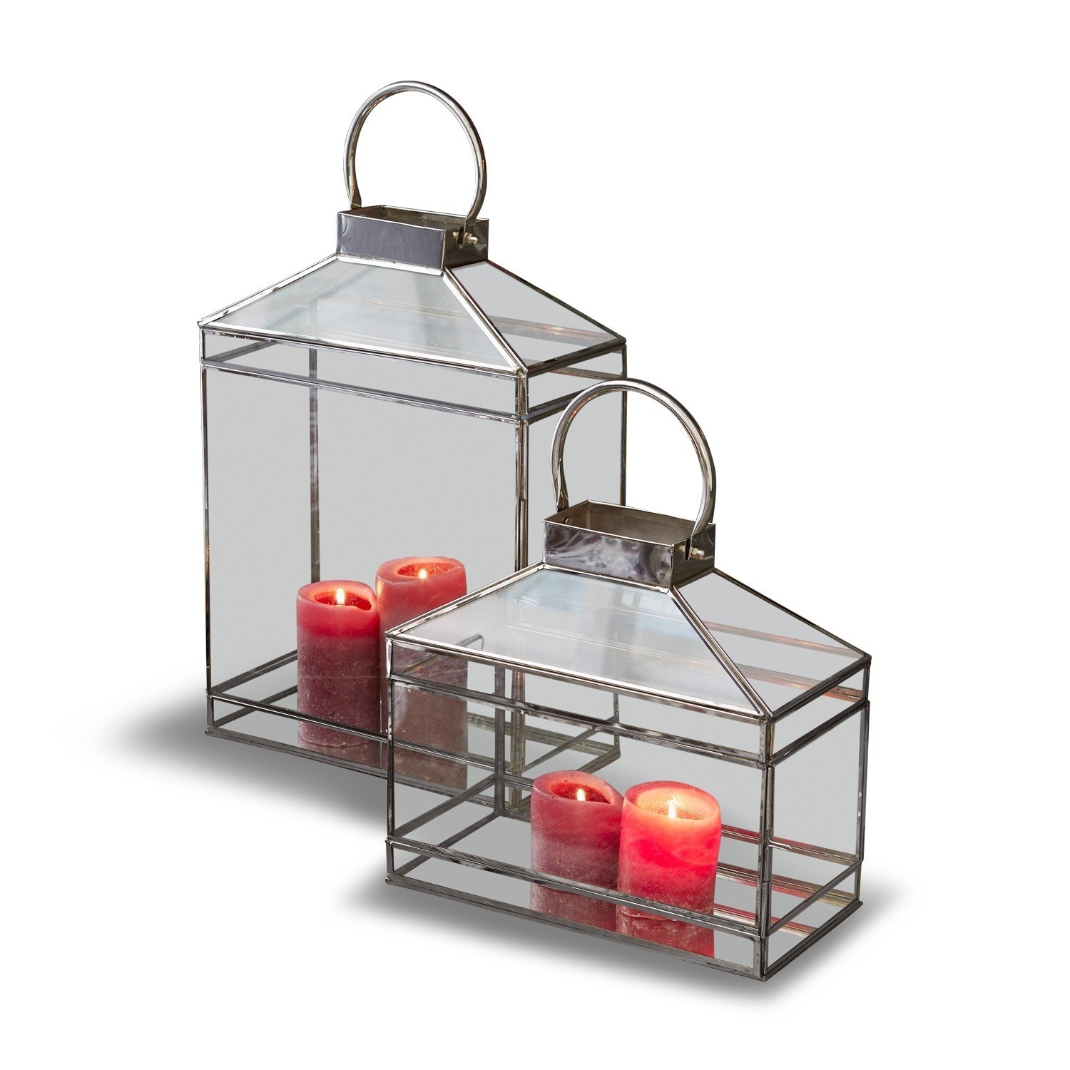 Lantaarn set van 2 Francesca Set van twee metalen glazen lantaarns met rode kaarsen voor binnen- en buitendecoratie