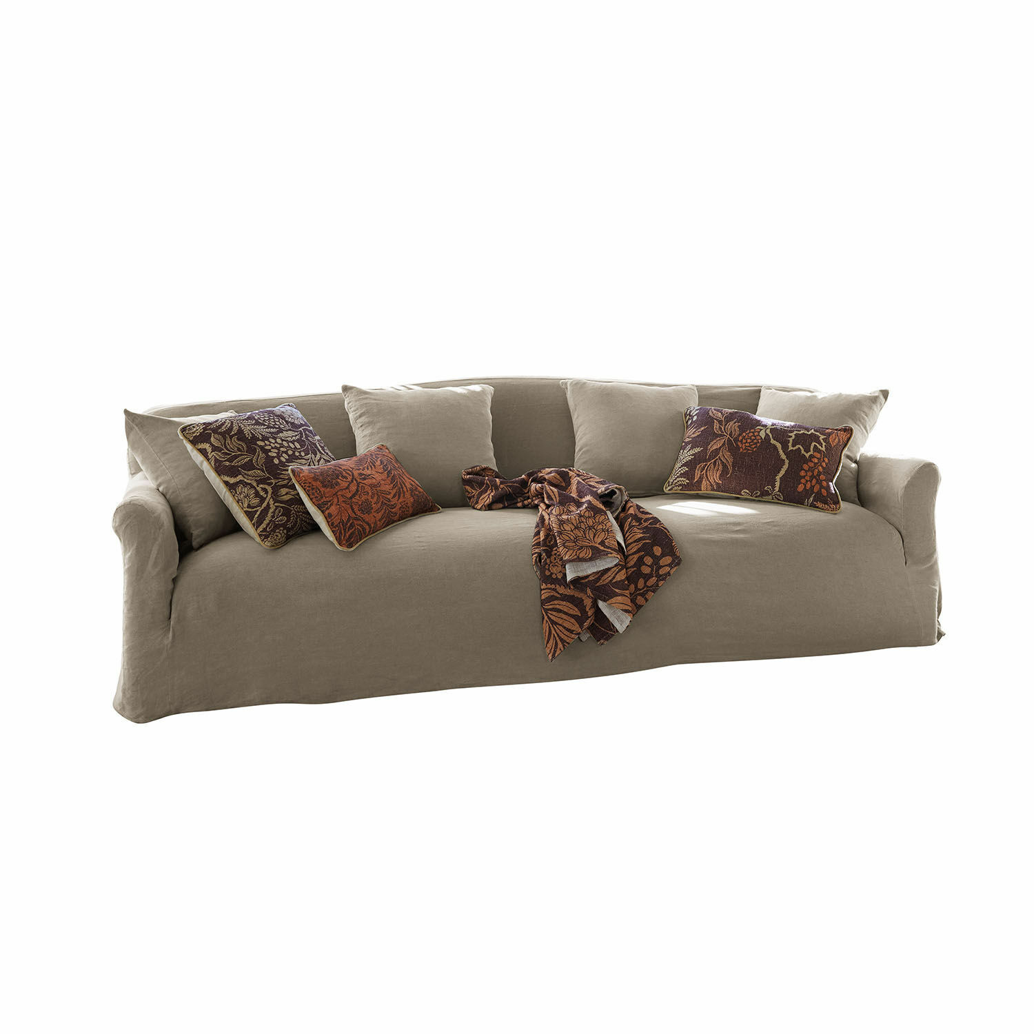 Canapé Riveneuve Canapé beige en tissu avec coussins décoratifs et plaid marron à motifs pour salon