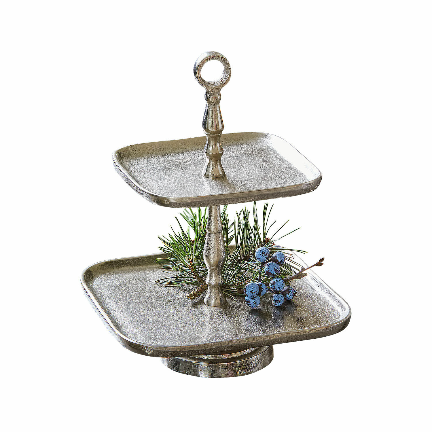 Etagère Tuarla Tweeledig zilverkleurig metalen etagère met tak- en bessendecoratie, elegante snackhouder