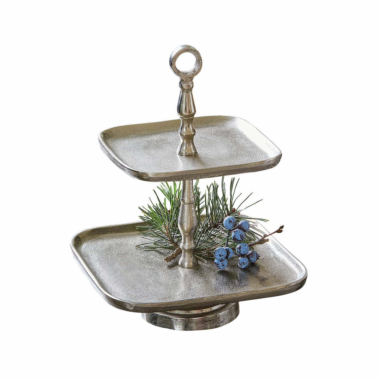 Etagère Tuarla Tweeledig zilverkleurig metalen etagère met tak- en bessendecoratie, elegante snackhouder