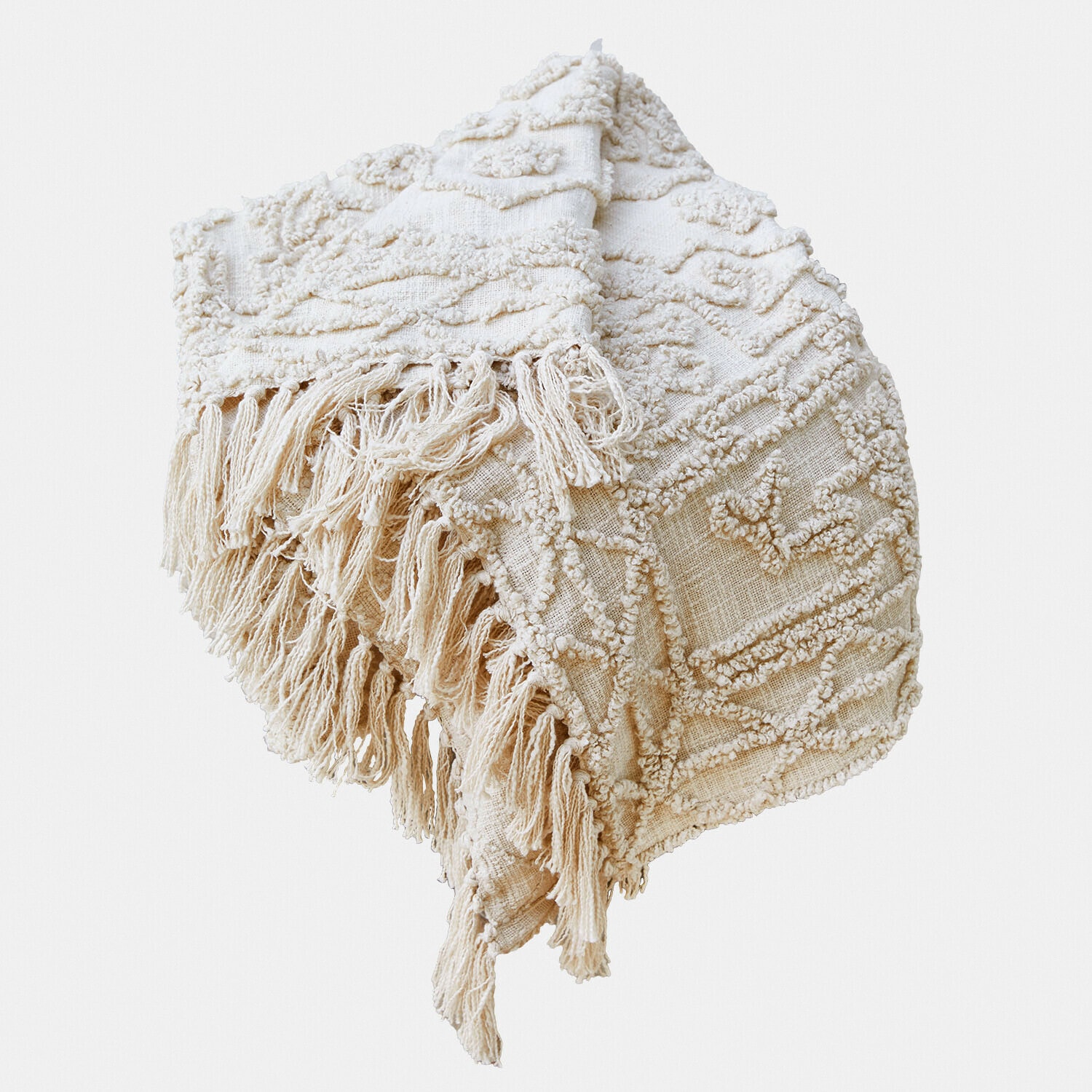 Plaid beige avec franges et motif géométrique en tissu doux pour décoration intérieure