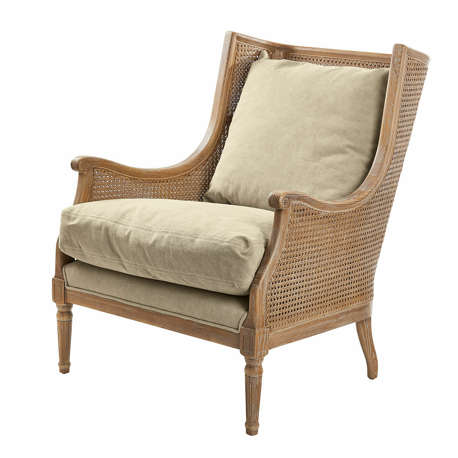 Fauteuil Greenbrier Fauteuil en bois et cannage avec coussins beige, style vintage, siège confortable pour salon