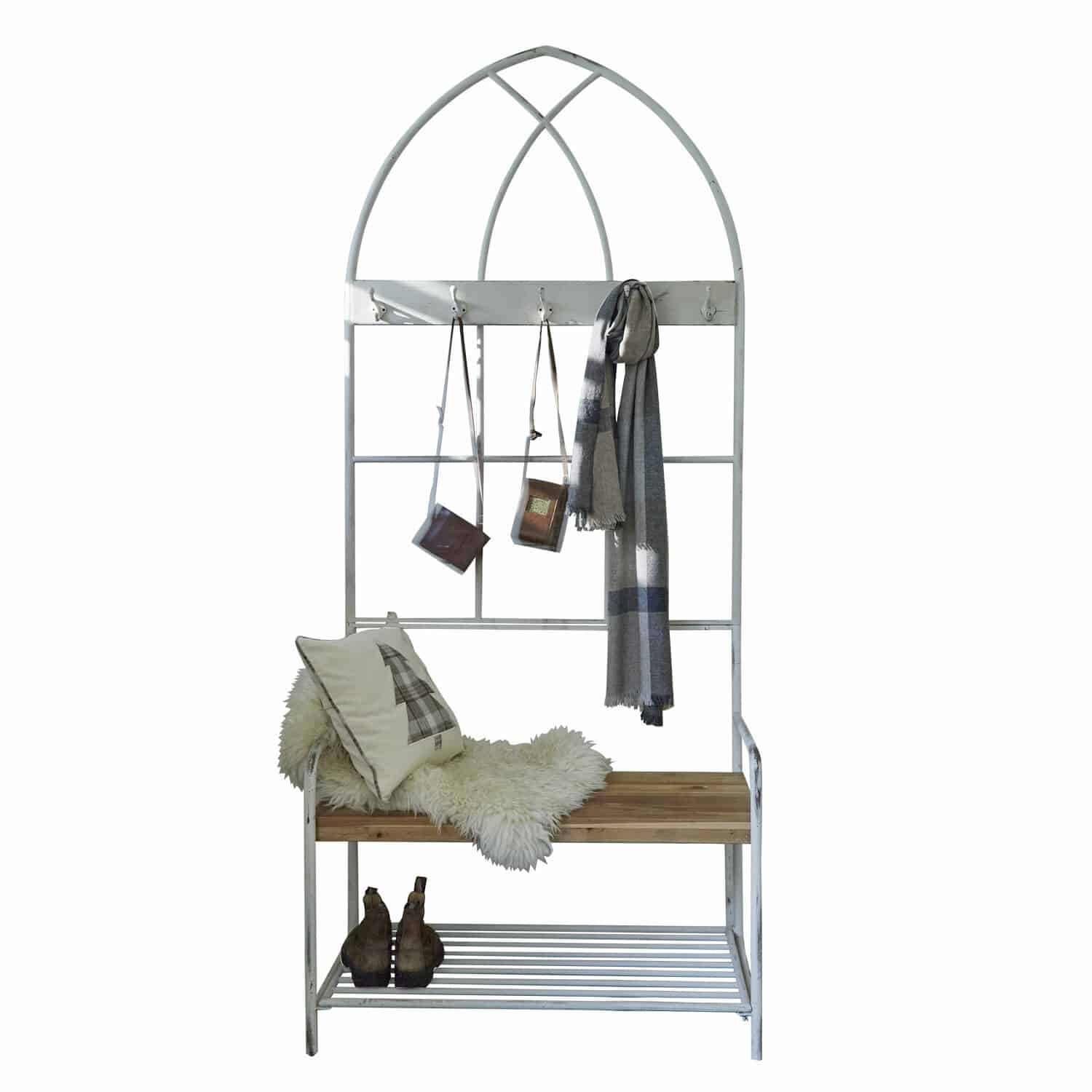 Garderobekast Oliviette Witte metalen bank met houten zitting en kledinghaken, decoratief meubel voor de hal