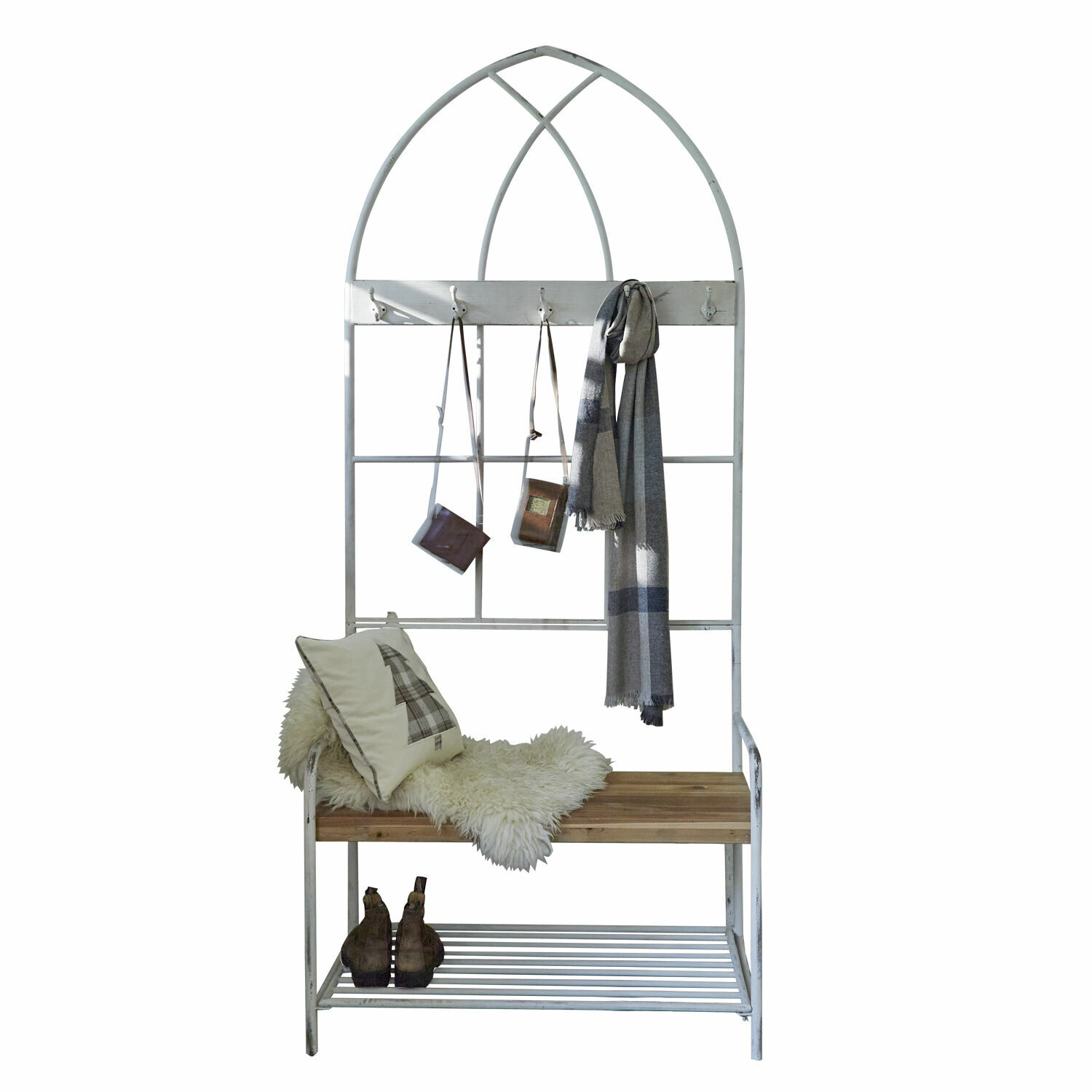 Portemanteau Oliviette Banc en métal blanc avec assise en bois et crochets pour vêtements, meuble d'entrée décoratif