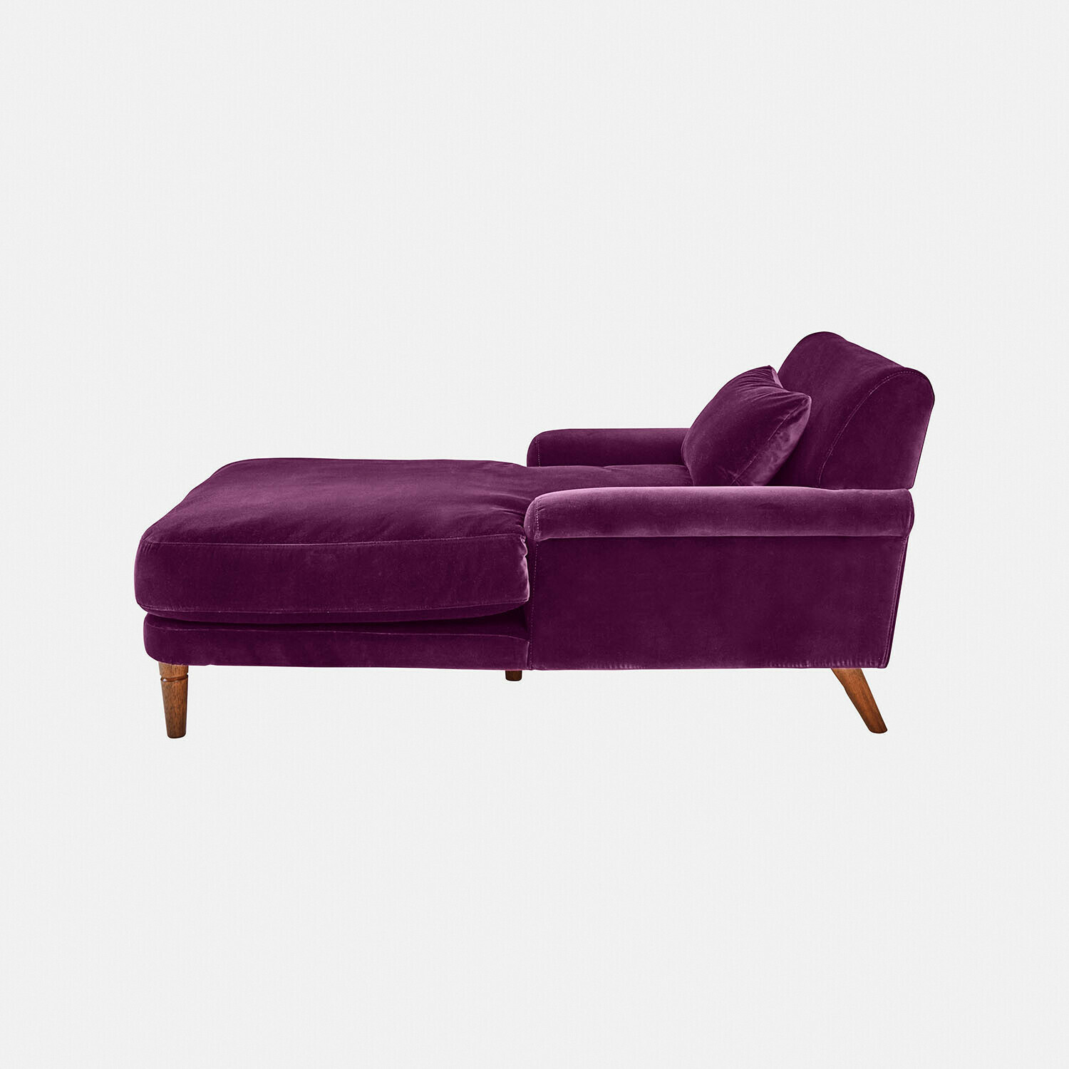 paars Lila fluwelen chaise longue Jouvrelle met houten poten, comfortabel voor woonkamer en ontspanning