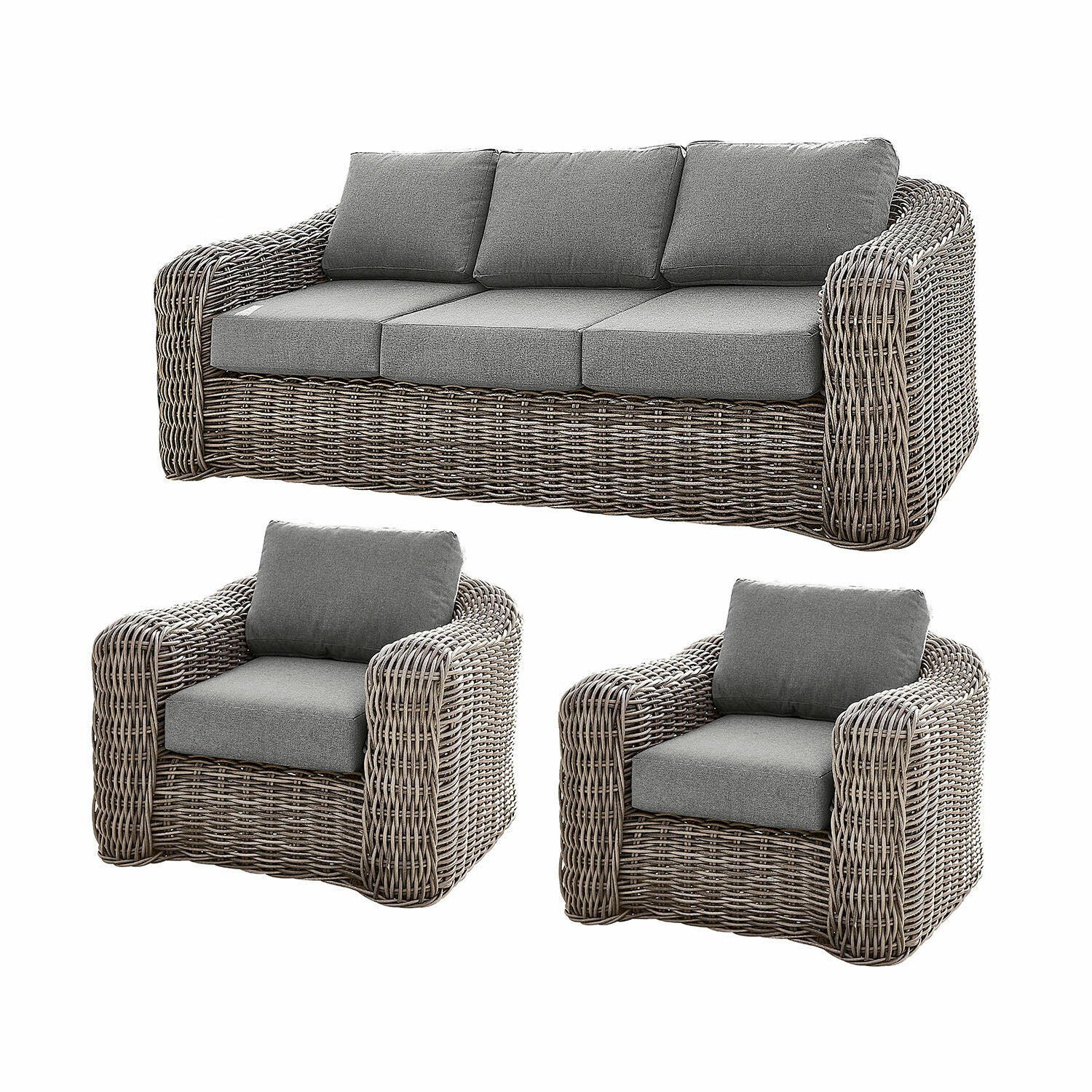Salon de jardin Upminster Ensemble de mobilier d'extérieur en résine tressée grise avec coussins, canapé et deux fauteuils