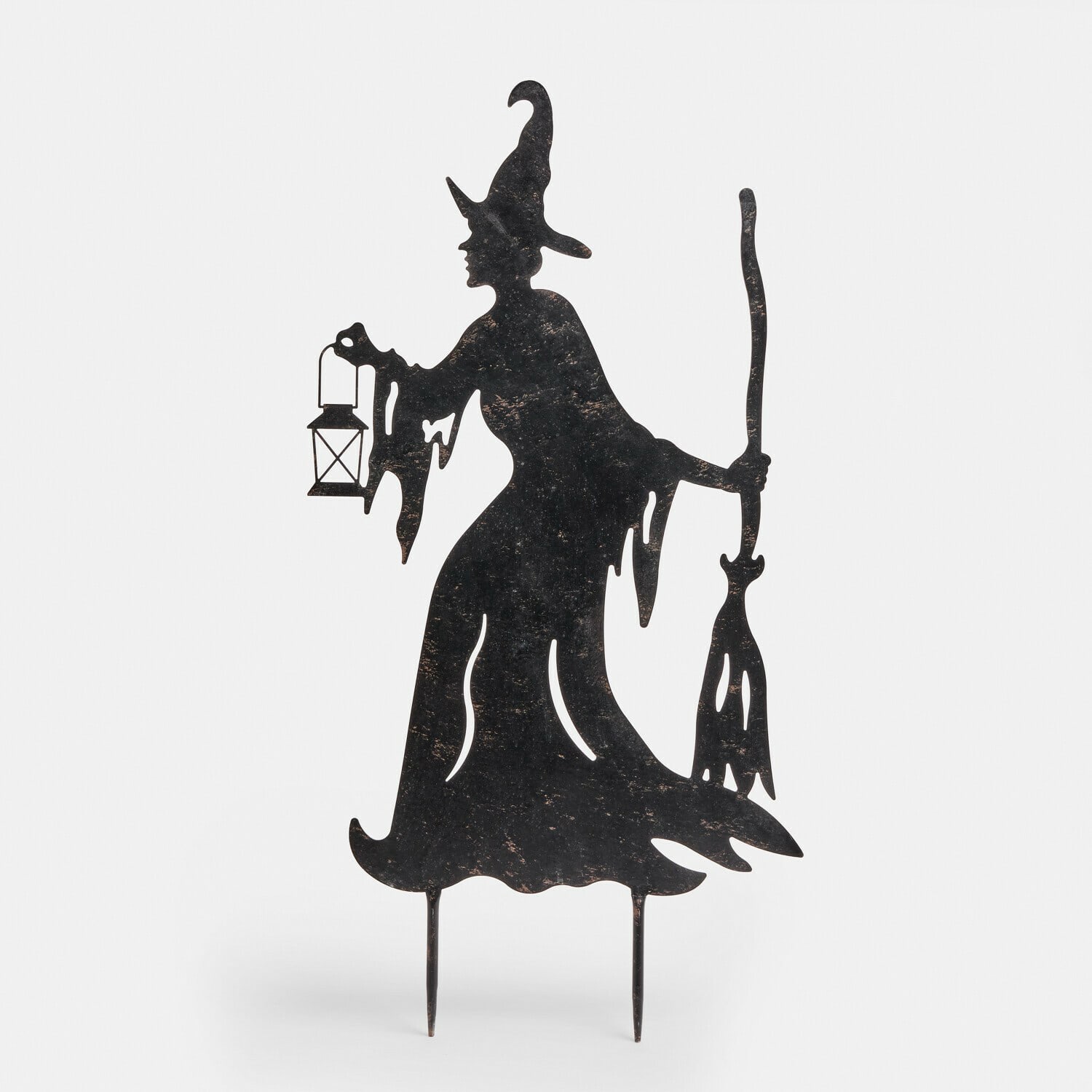 Pique de jardin Talmora Décoration de jardin en métal noir représentant une sorcière avec lanterne et balai pour Halloween