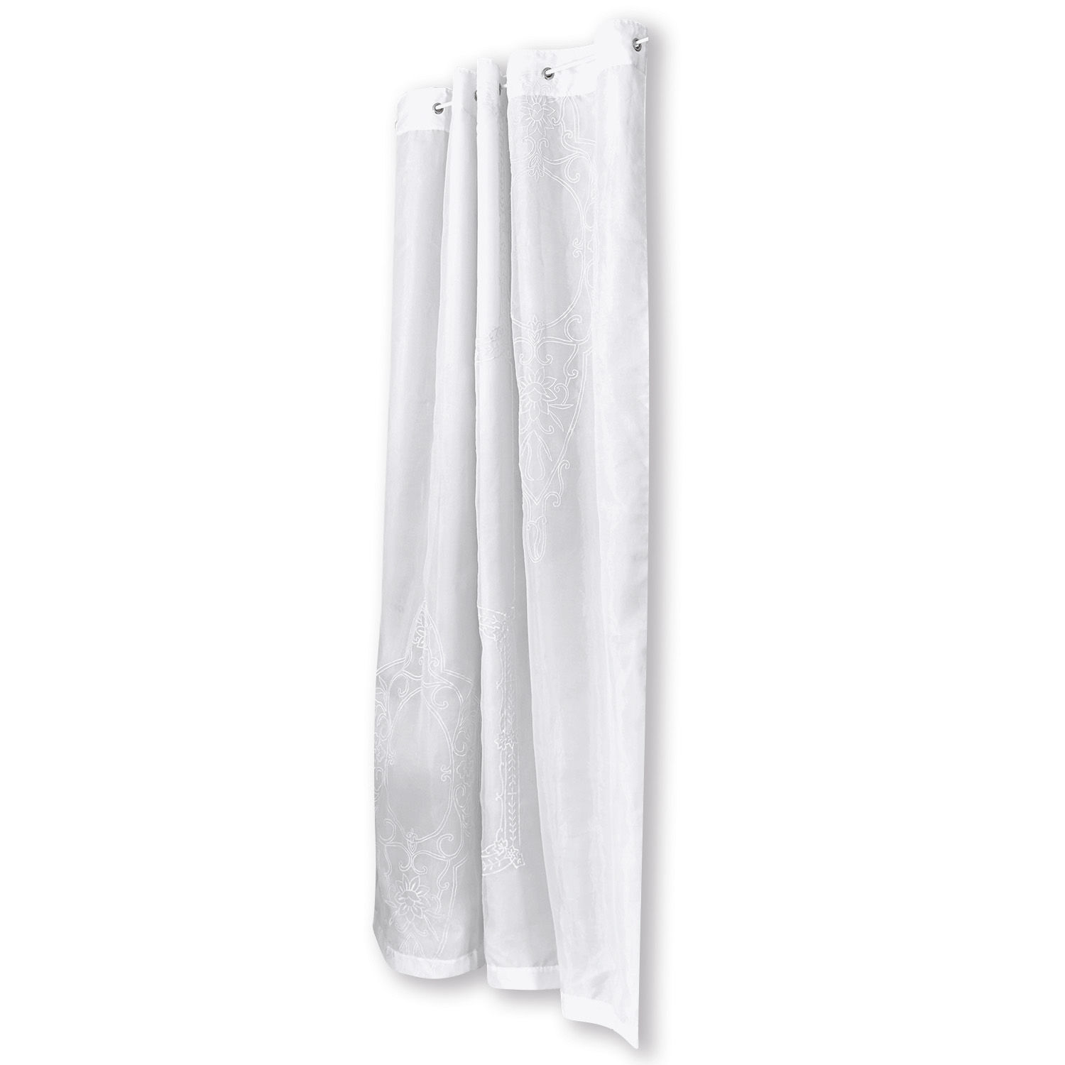 Douchegordijn Bris Witte gordijn met fijne borduursels van lichte stof, perfect voor raamdecoratie.