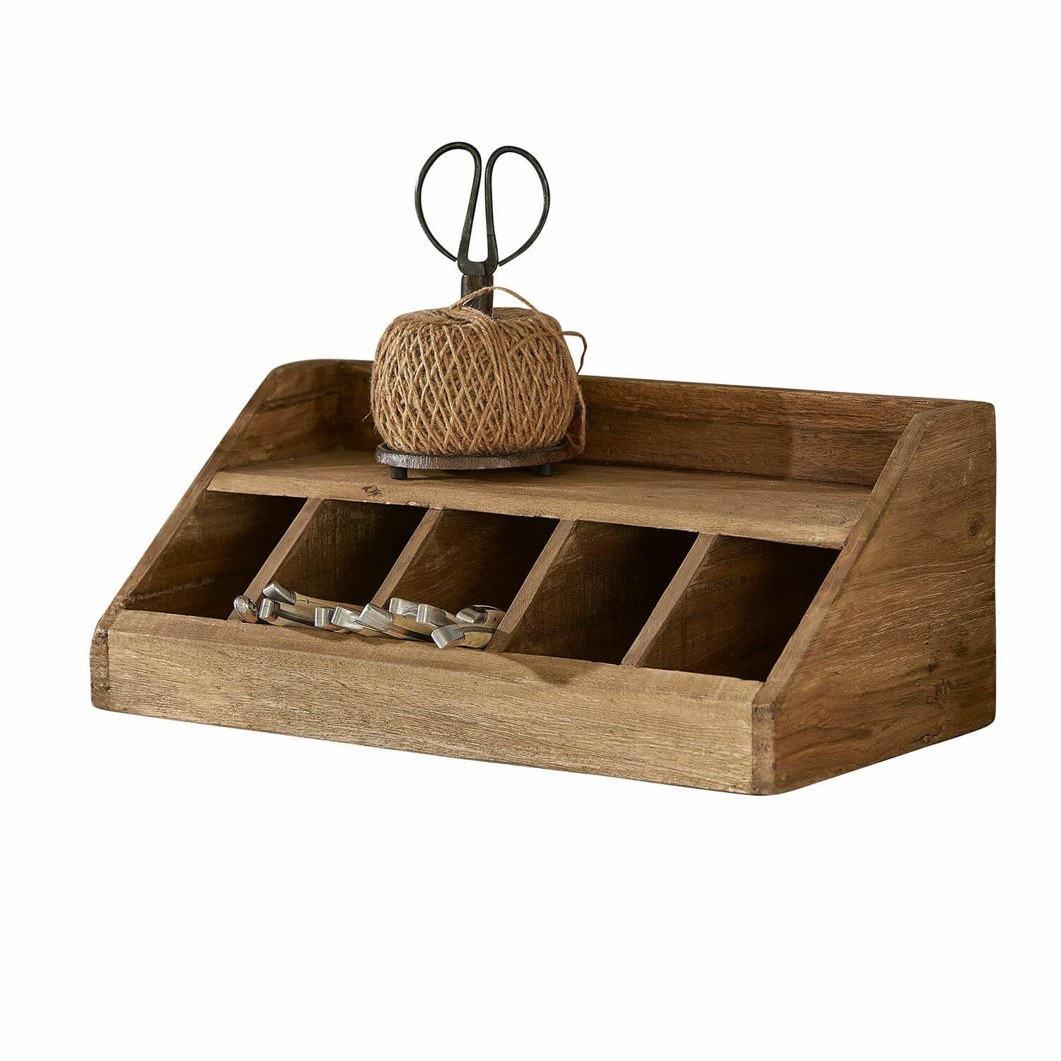 Bestekbak Ursélie Houten organizer met vijf vakken en een bol touw voor het opbergen van accessoires.