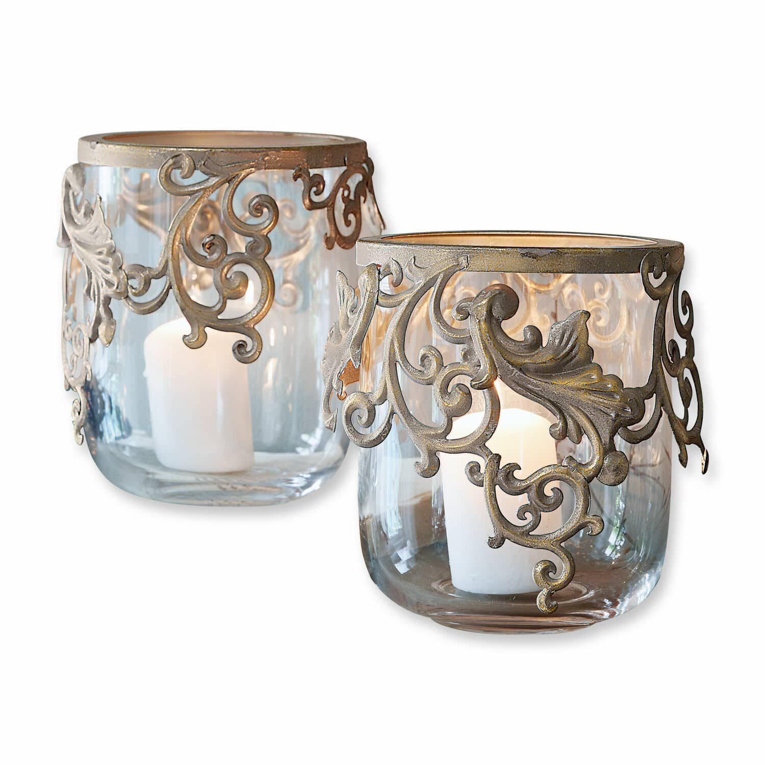Windlicht set van 2 Sundini Glazen windlichten met sierlijke metalen rand in antiek gouden kleur voor sfeervolle inrichting