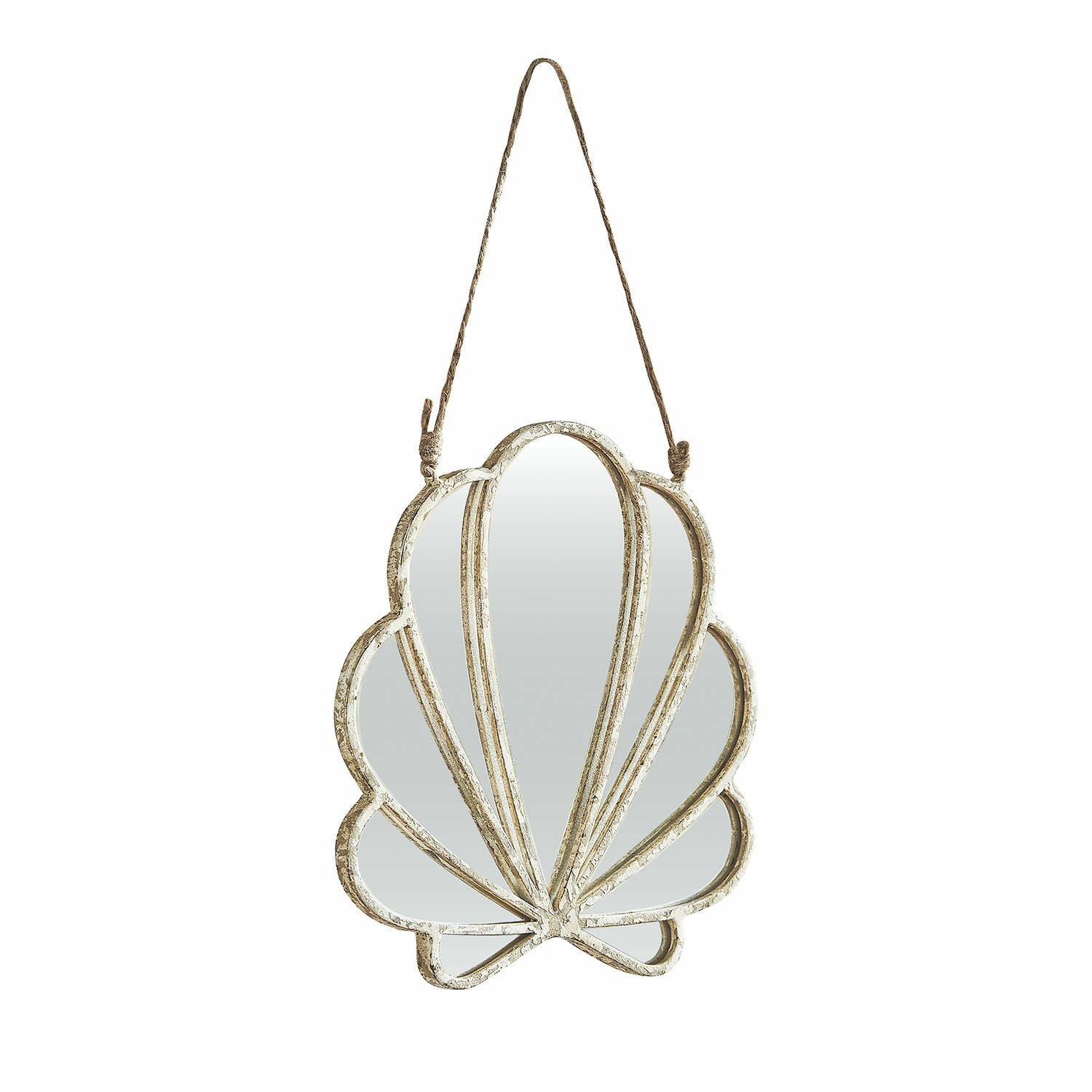 Spiegel met koord Vellaro Wandspiegel in schelpvorm met metalen frame in verweerd wit, decoratief woonaccessoire