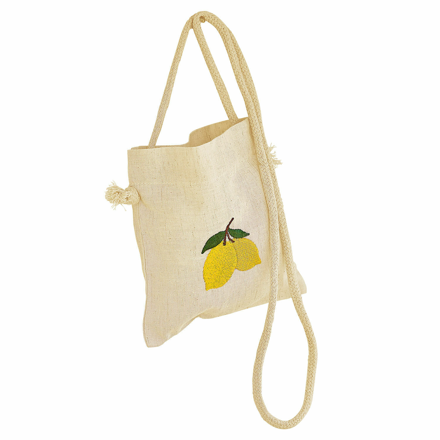 Pochette Palerina Sac en lin beige avec broderie citron et longue bandoulière, sac léger pour courses