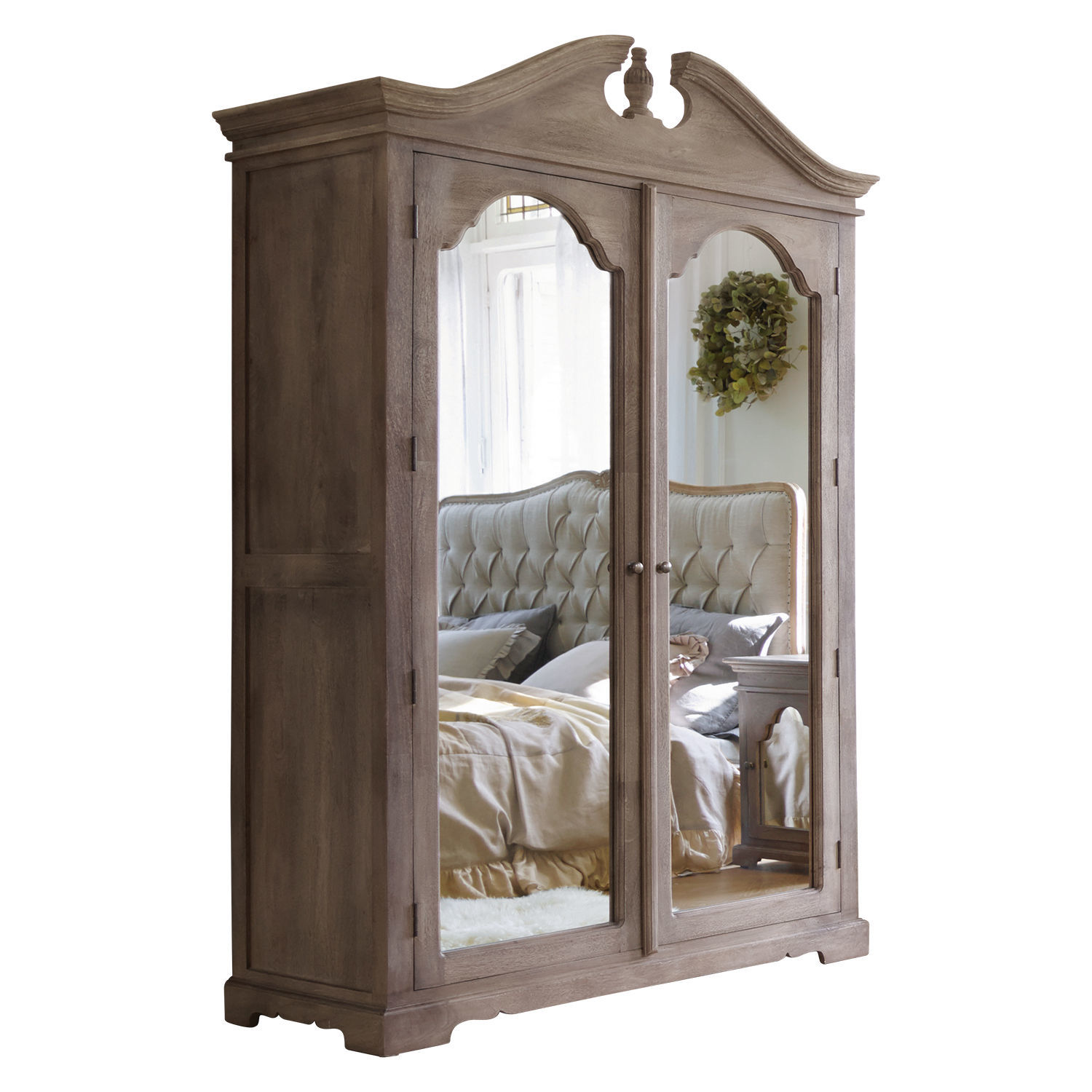 Armoire Somerset Armoire en bois brun avec portes miroir style vintage, meuble de chambre à coucher élégant