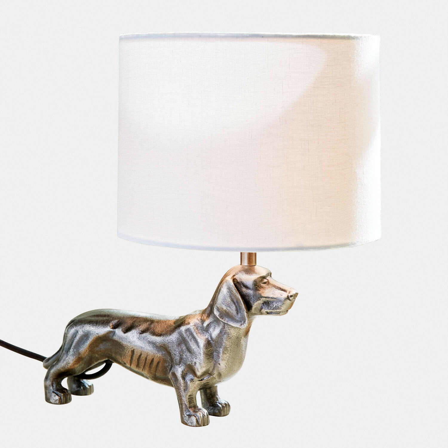 Lampe à poser Wendrel Lampe de table avec abat-jour blanc et base en forme de chien teckel argenté