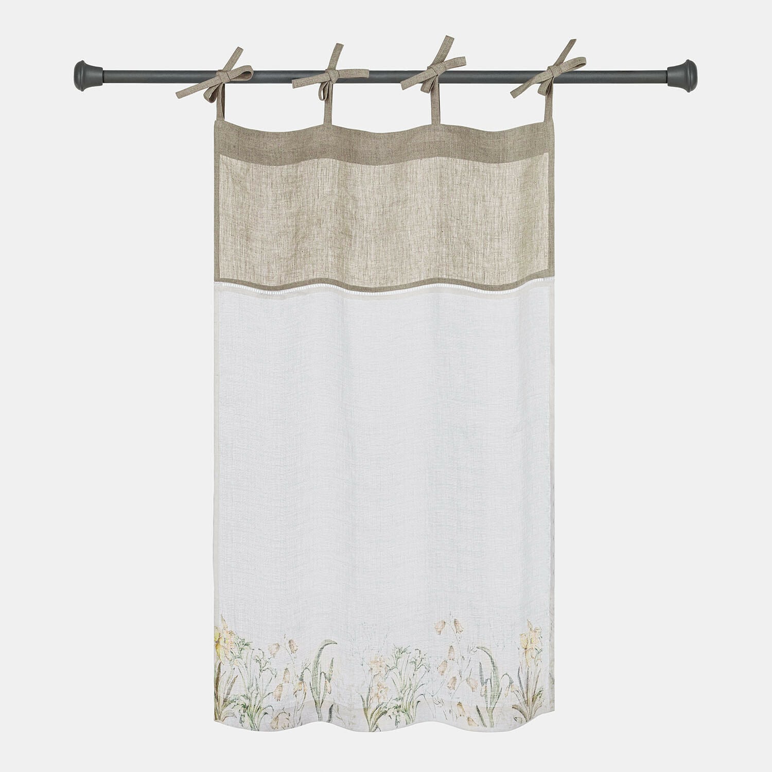 Vitrage Lozere Linnen gordijn in beige en wit met bloemenpatroon onderaan en striklinten om op te hangen