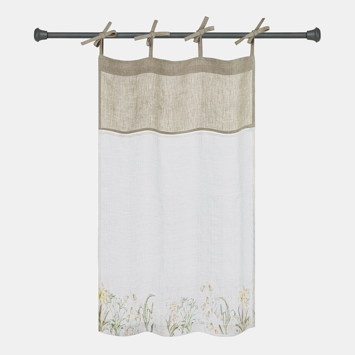 Brise-bise Lozere Rideau en lin beige et blanc avec motif floral en bas et attaches nouées pour tringle