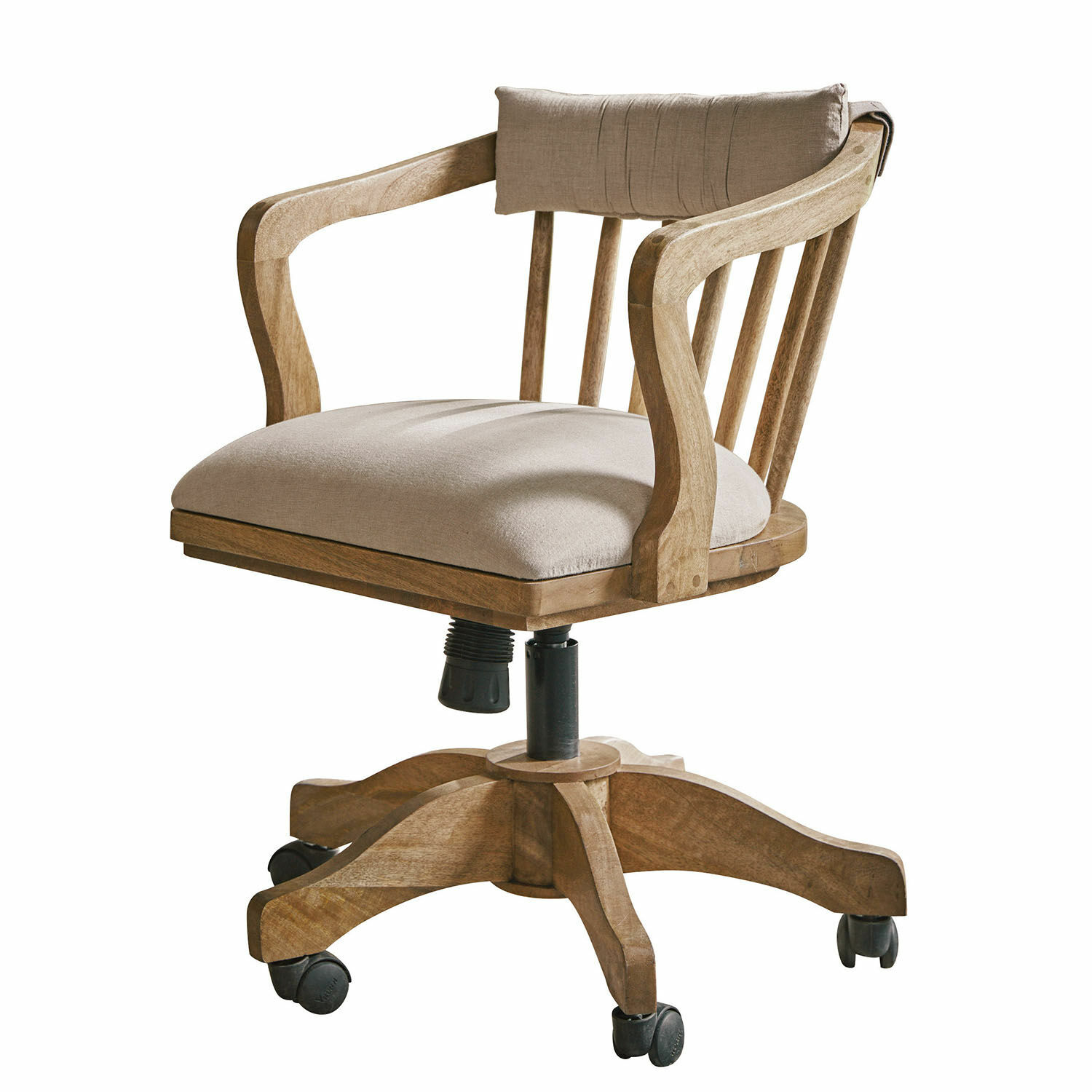 Bureaustoel Lemuel Draaibare bureaustoel van mangohout met beige bekleding, rustieke stijl voor thuiswerkplek