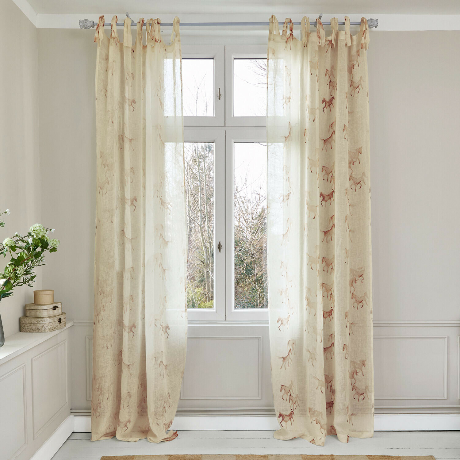 Voilage Windermay Rideaux légers beige avec motif chevaux en tissu naturel, décoration de fenêtre élégante pour salon