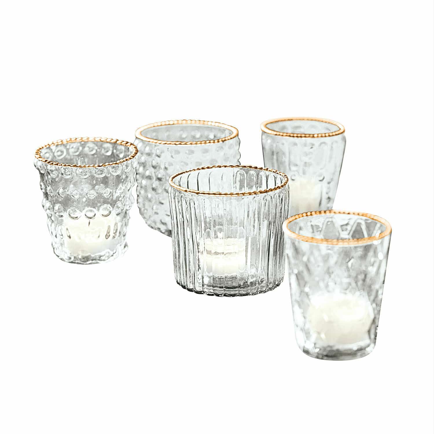 helder/goudkleurig Set van 5 heldere glazen windlichten Jarnac met gouden rand voor stijlvolle interieurdecoratie