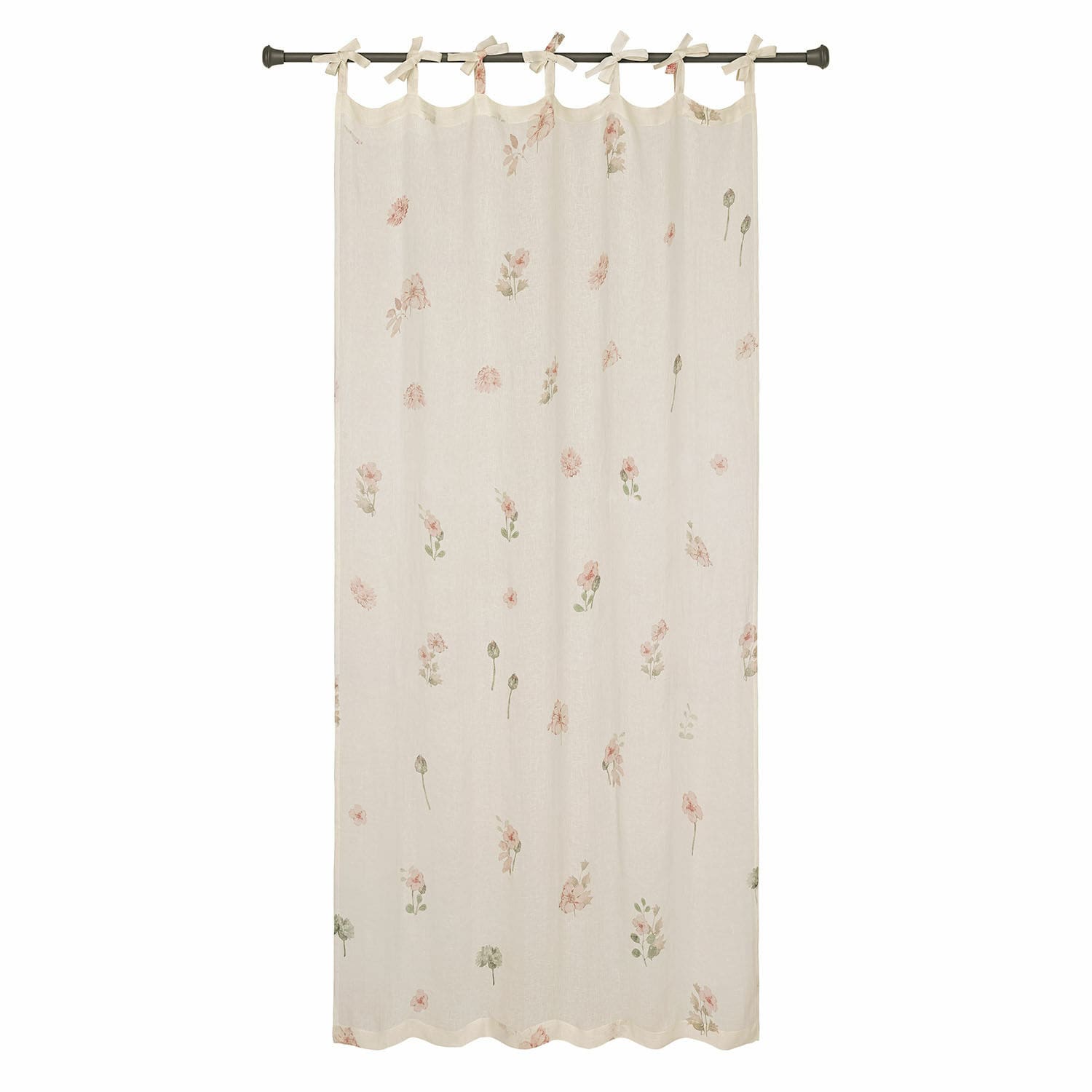 Gordijn Normelie Beige gordijn met subtiel bloemenpatroon en gebonden linten van lichte stof voor interieur