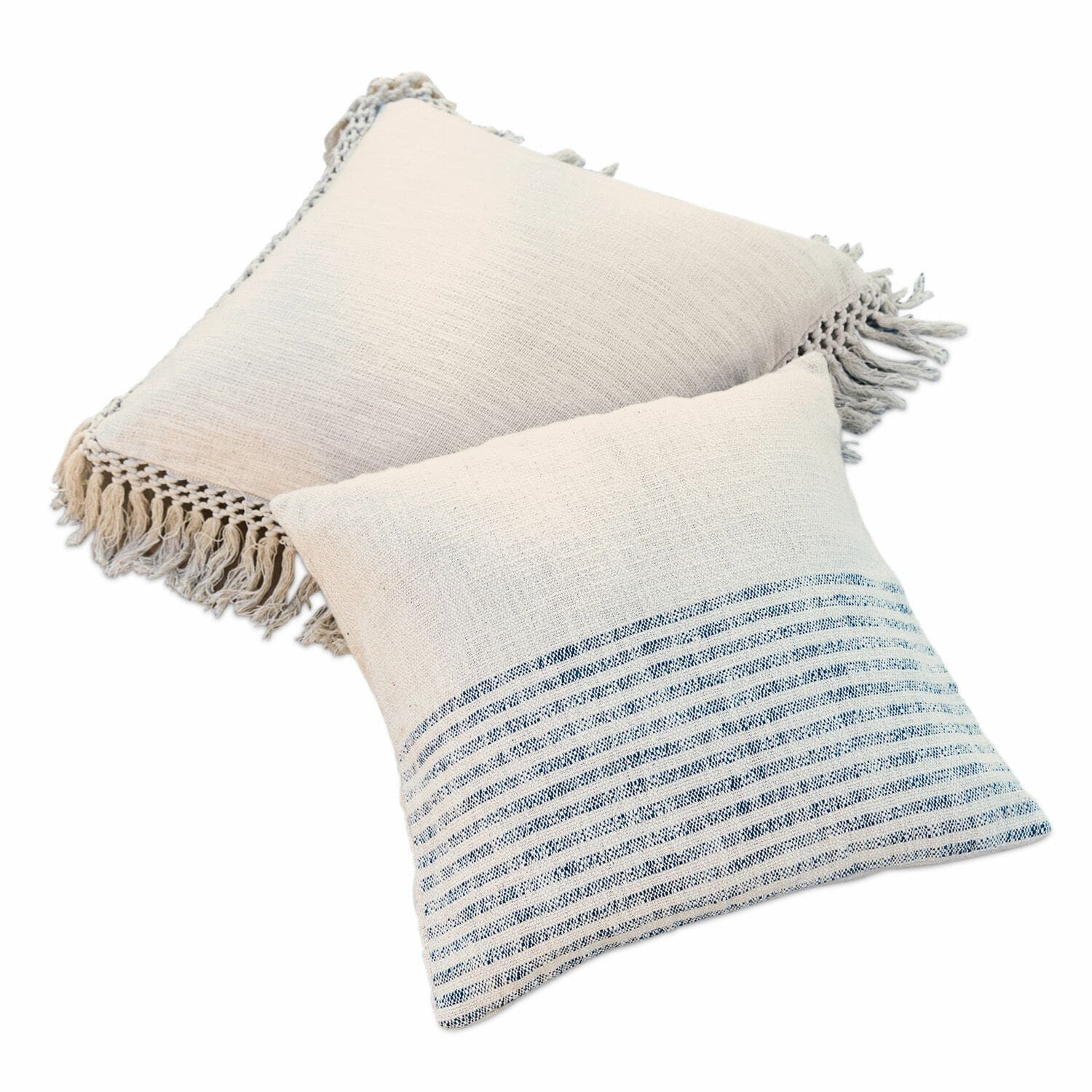 Lot de 2 housses de coussins Marpent Ensemble de deux coussins décoratifs en coton crème avec franges et rayures bleues