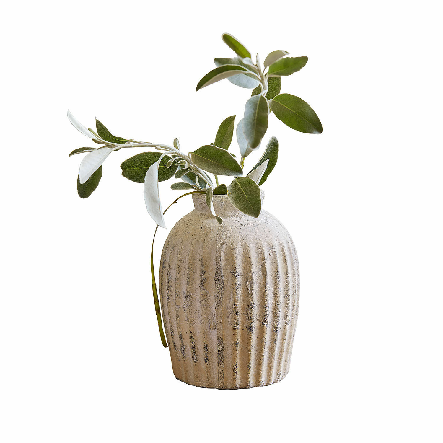 Vaas Melissa Beige keramische vaas met groeven en groene bladeren, natuurlijke interieurdecoratie