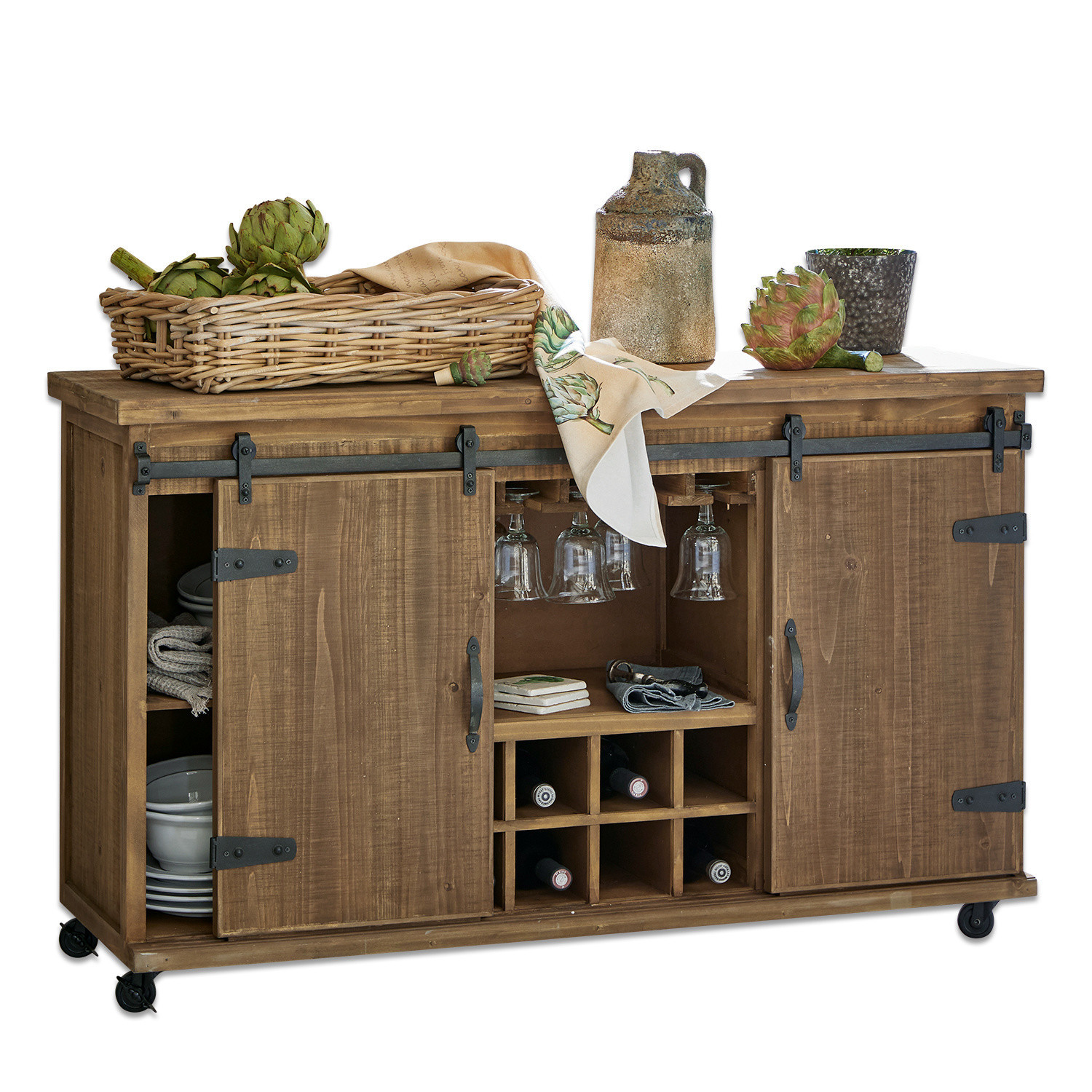 Lage kast Grasse Houten kast op wielen met wijn- en glasopslag, natuurlijke kleur, praktisch meubelstuk
