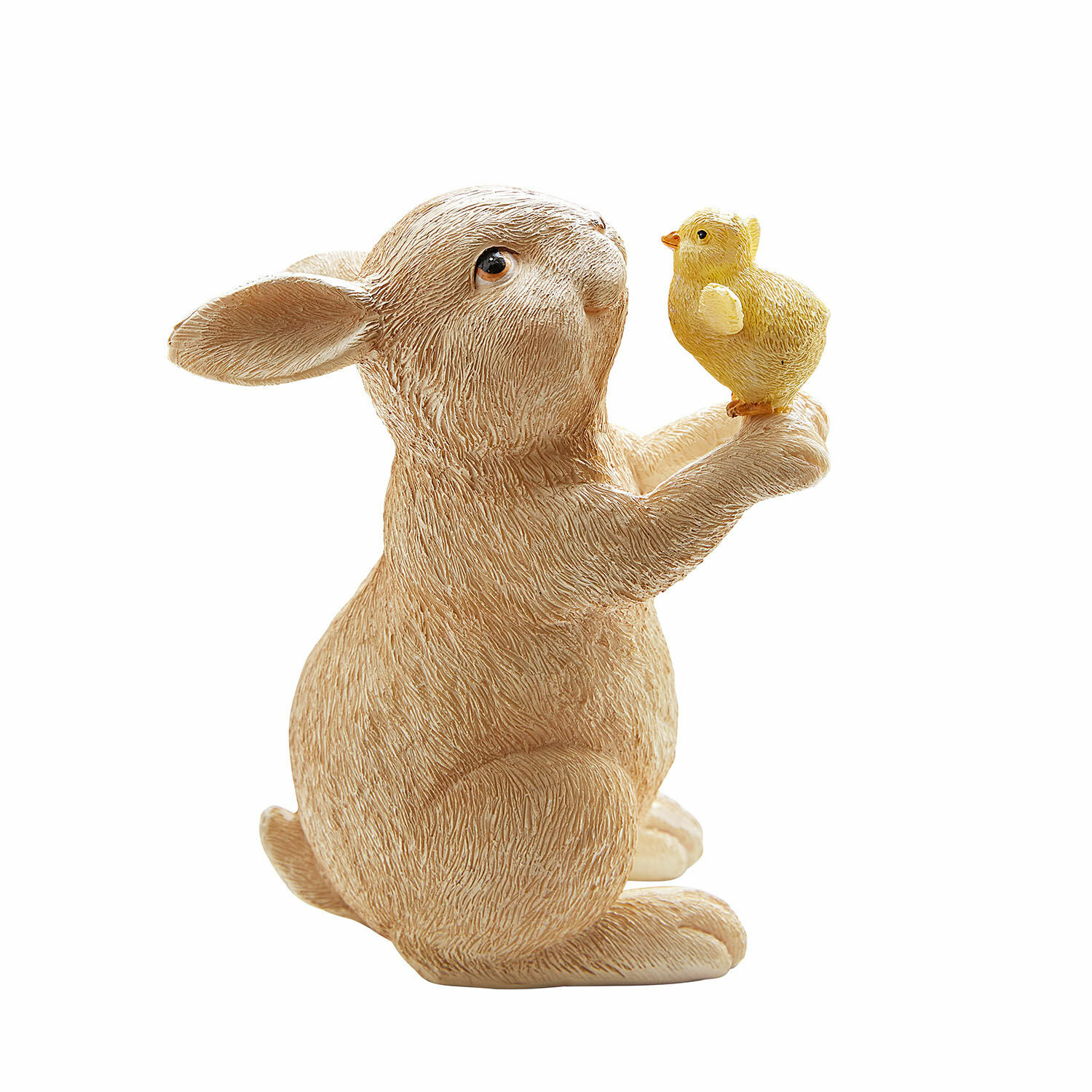 Sierkonijn Raniah Beige konijnenfiguur van kunststof met geel kuiken, lentebloemstuk decoratie