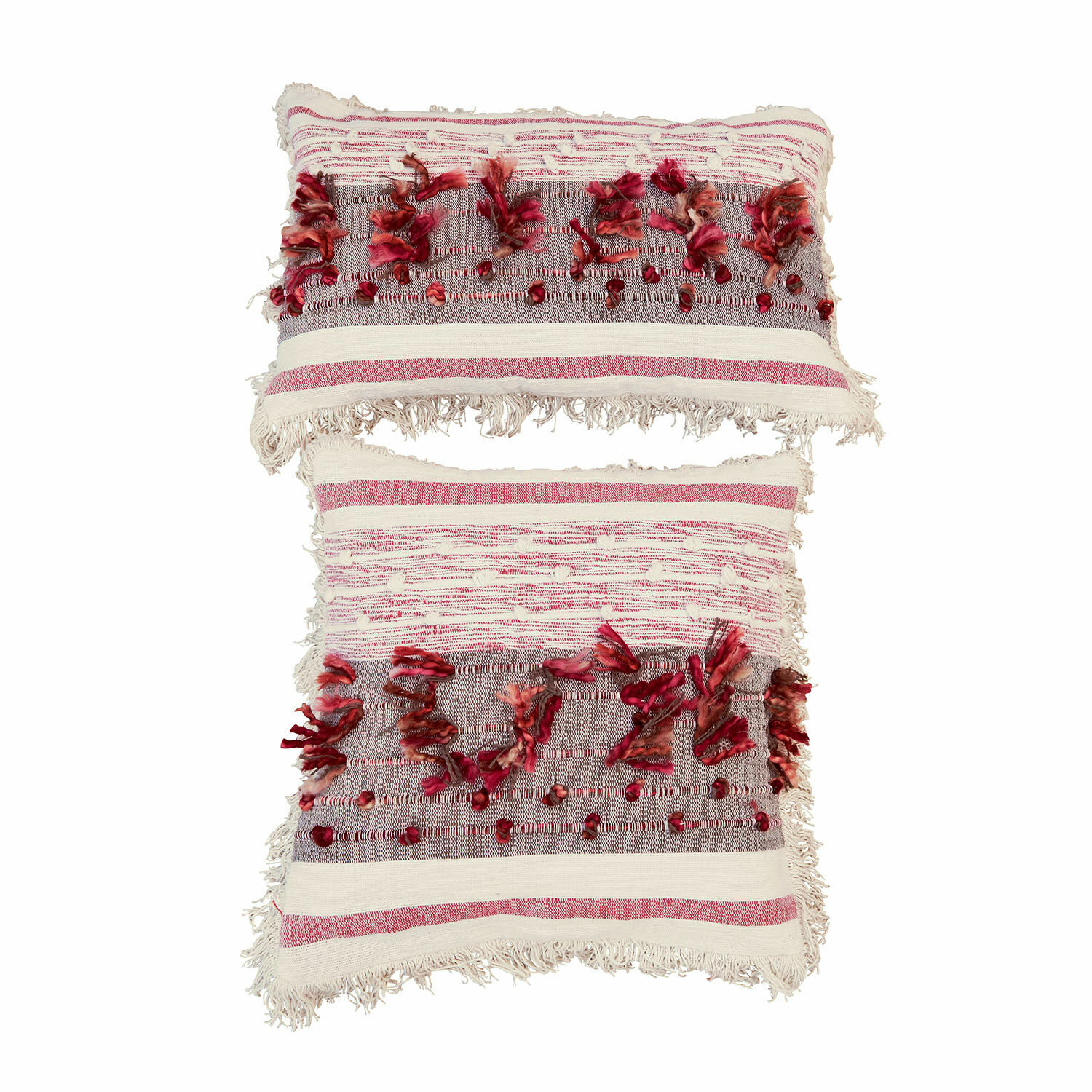 Lot de 2 housses de coussins Yazmira Ensemble de deux coussins décoratifs en coton crème et rouge avec franges et détails texturés