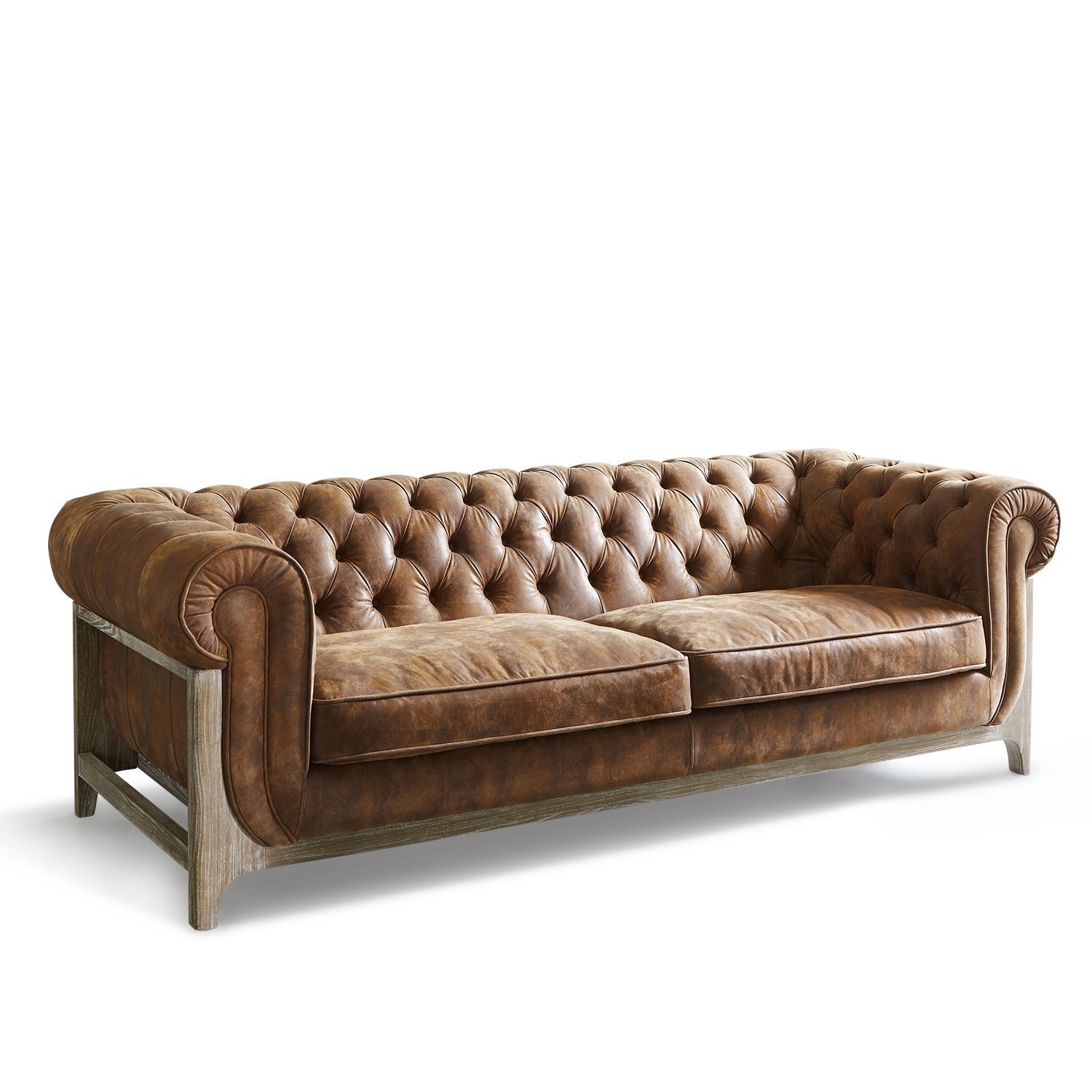 Bank Swansboro Bruine Chesterfield leren bank met houten frame, stijlvolle woonkamermeubel