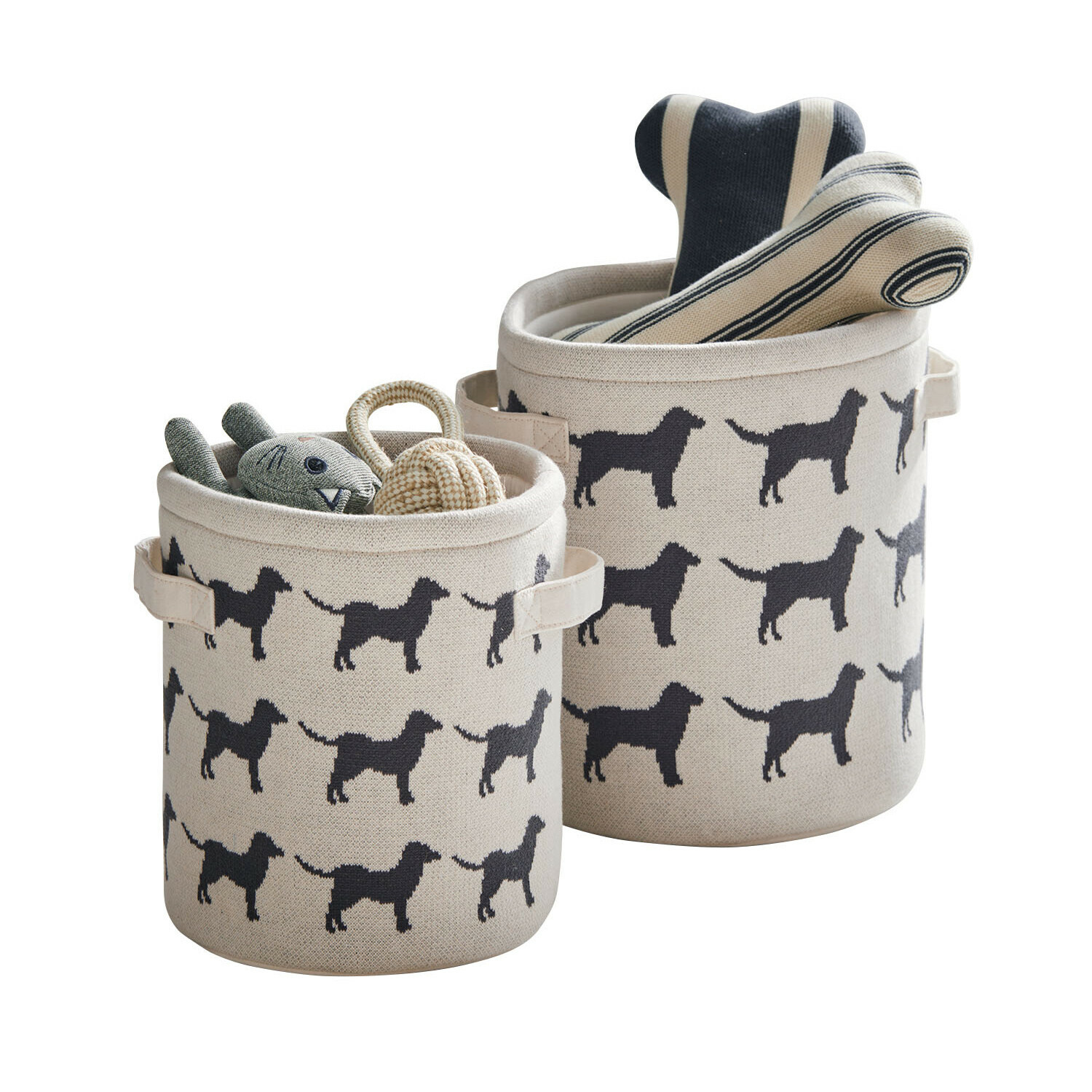 Mand voor huisdieren set van 2 Pawelino Beige katoenen manden met zwart hondenpatroon, ideaal voor het opbergen van huisdierspeelgoed