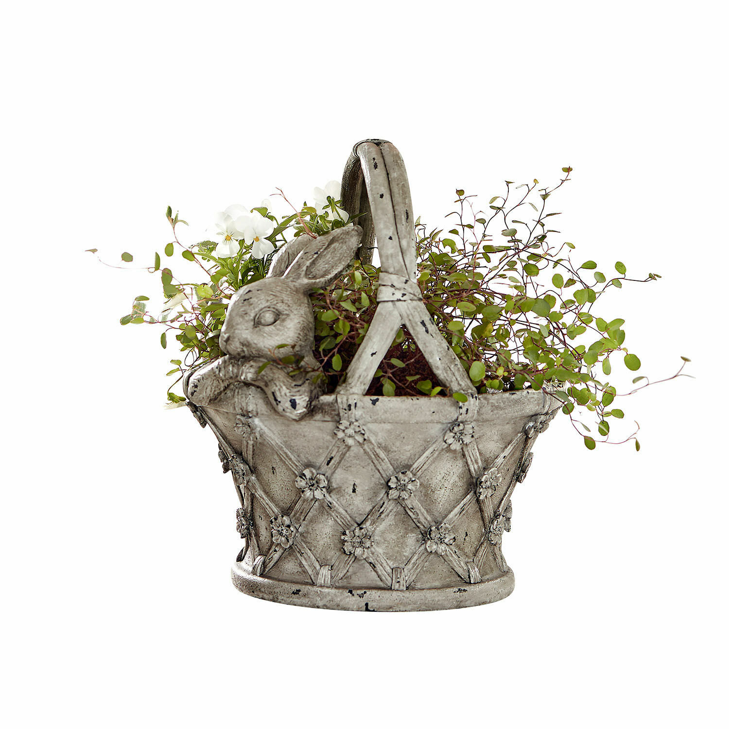 Sierpot Virginie Decoratieve grijze keramische mand met konijnmotief en groene planten voor interieurdecoratie