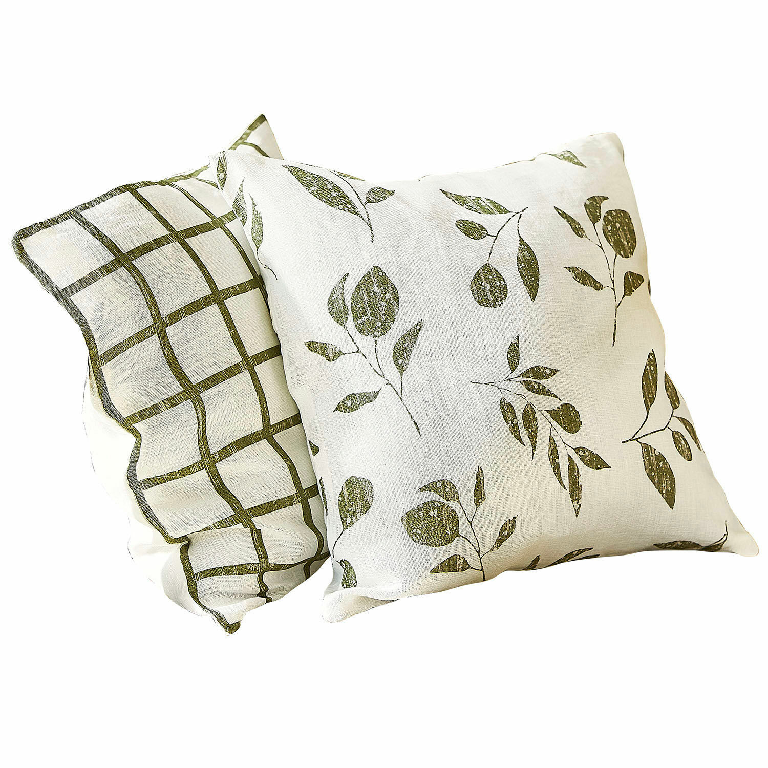 Kussenhoes set van 2 Klivento Set van twee witte linnen sierkussens met groen blad- en ruitpatroon voor woondecoratie