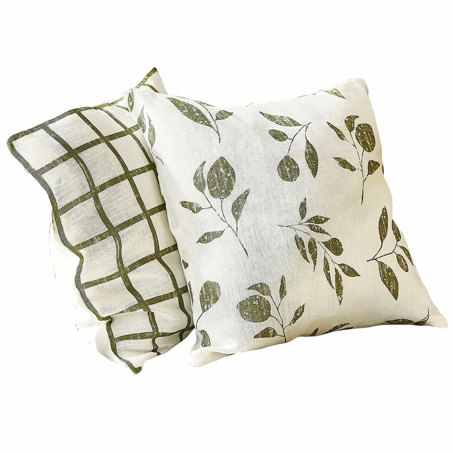 Lot de 2 housses de coussins Klivento Ensemble de deux coussins décoratifs en lin blanc avec motifs verts de feuilles et carreaux
