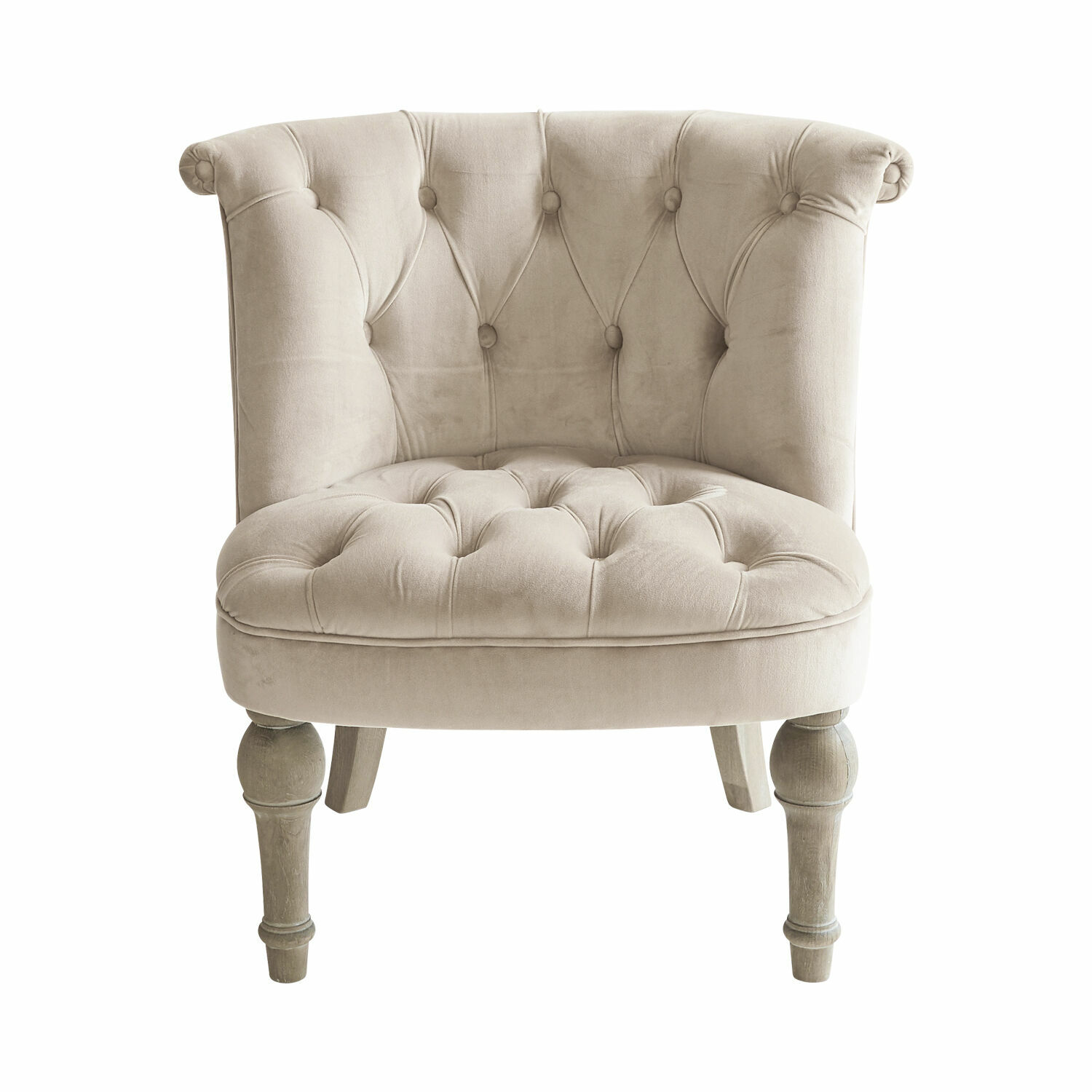 crème/bruin Fauteuil Ardilleux in champagnekleurige stof met houten poten, elegante stoel voor woonkamer